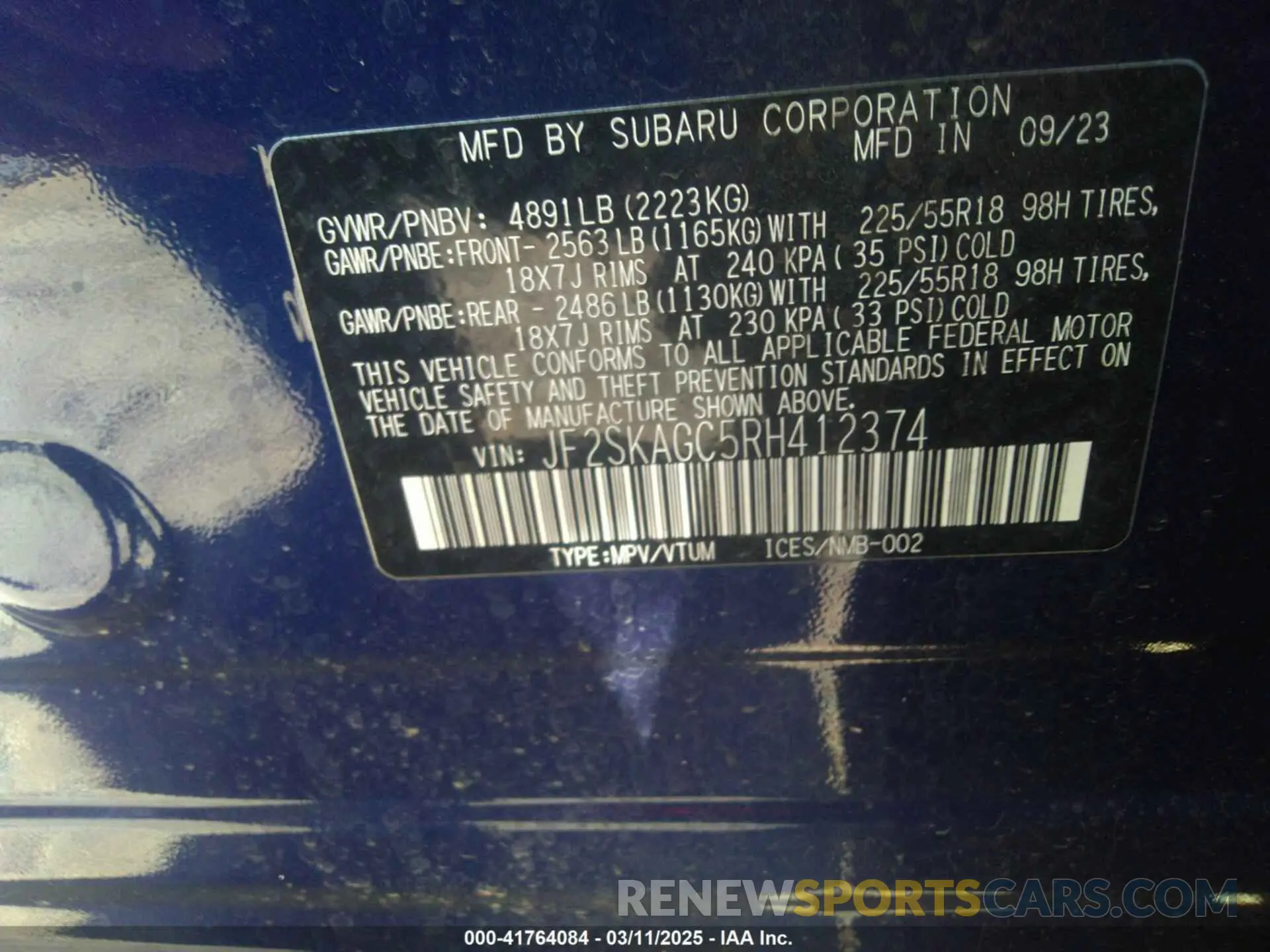 9 fotografías del automóvil dañado JF2SKAGC5RH412374 SUBARU FORESTER 2024