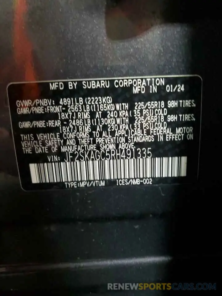15 fotografías del automóvil dañado JF2SKAGC5RH491335 SUBARU FORESTER 2024