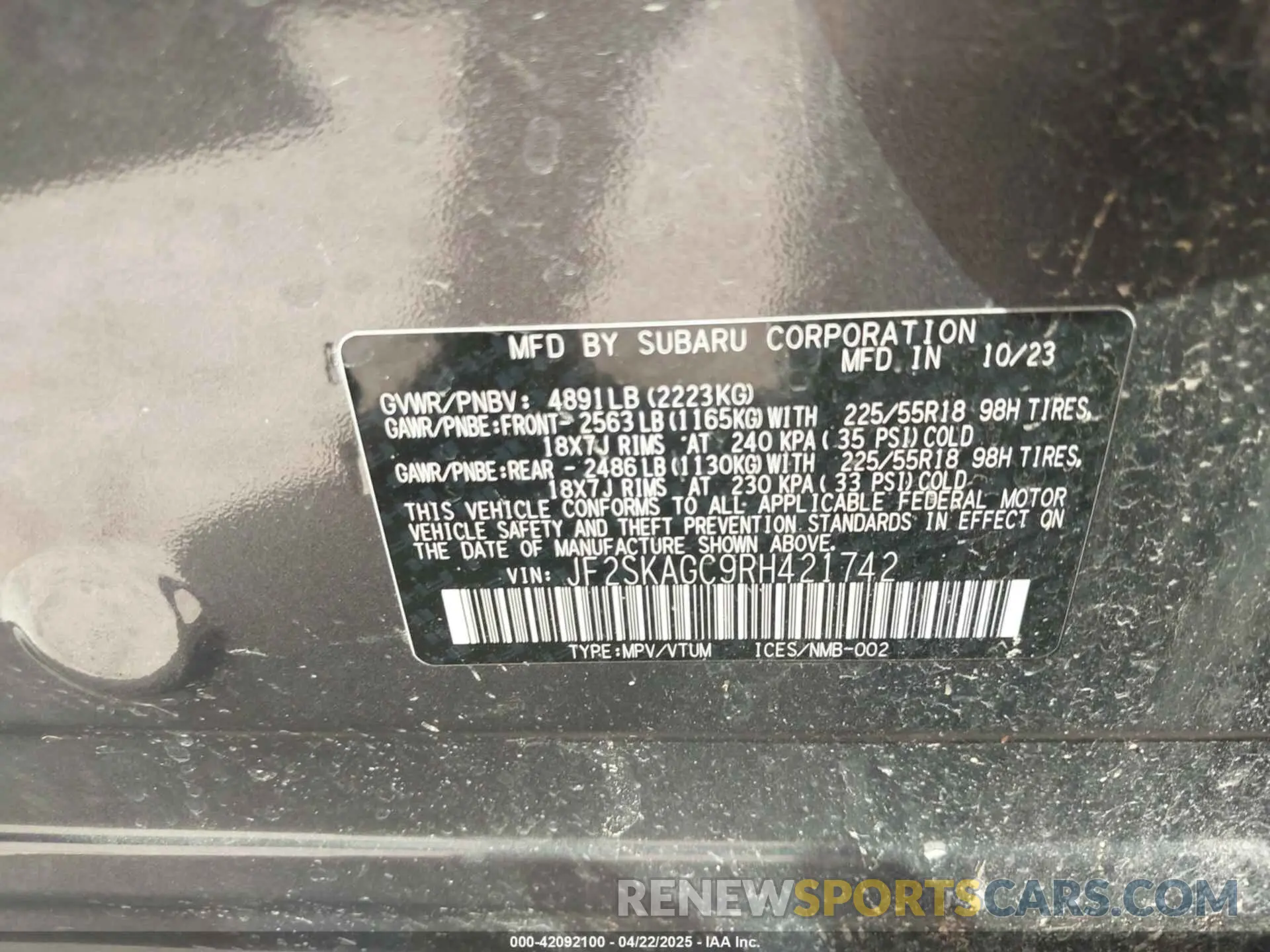 9 fotografías del automóvil dañado JF2SKAGC9RH421742 SUBARU FORESTER 2024