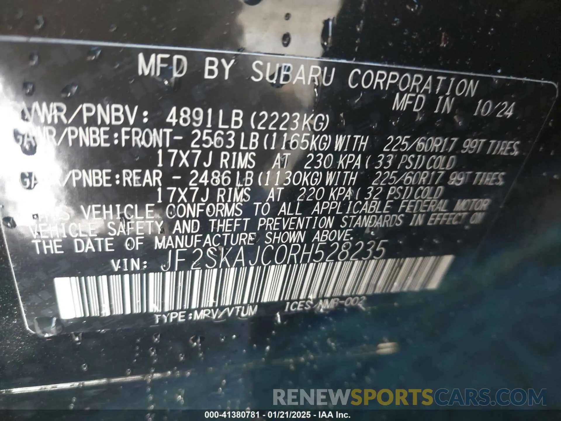 9 fotografías del automóvil dañado JF2SKAJC0RH528235 SUBARU FORESTER 2024