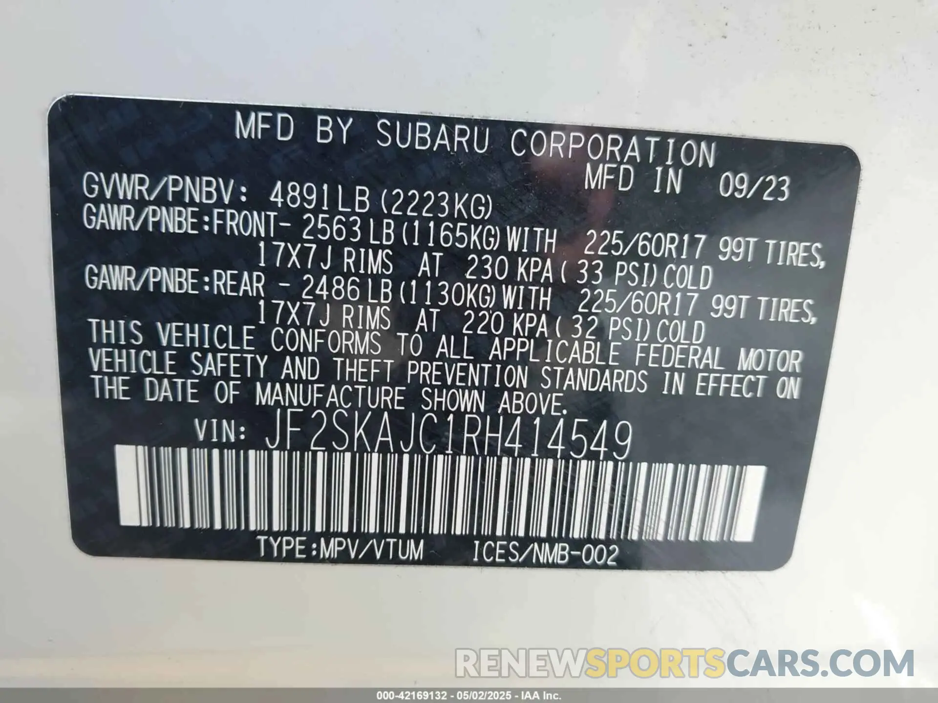 9 fotografías del automóvil dañado JF2SKAJC1RH414549 SUBARU FORESTER 2024
