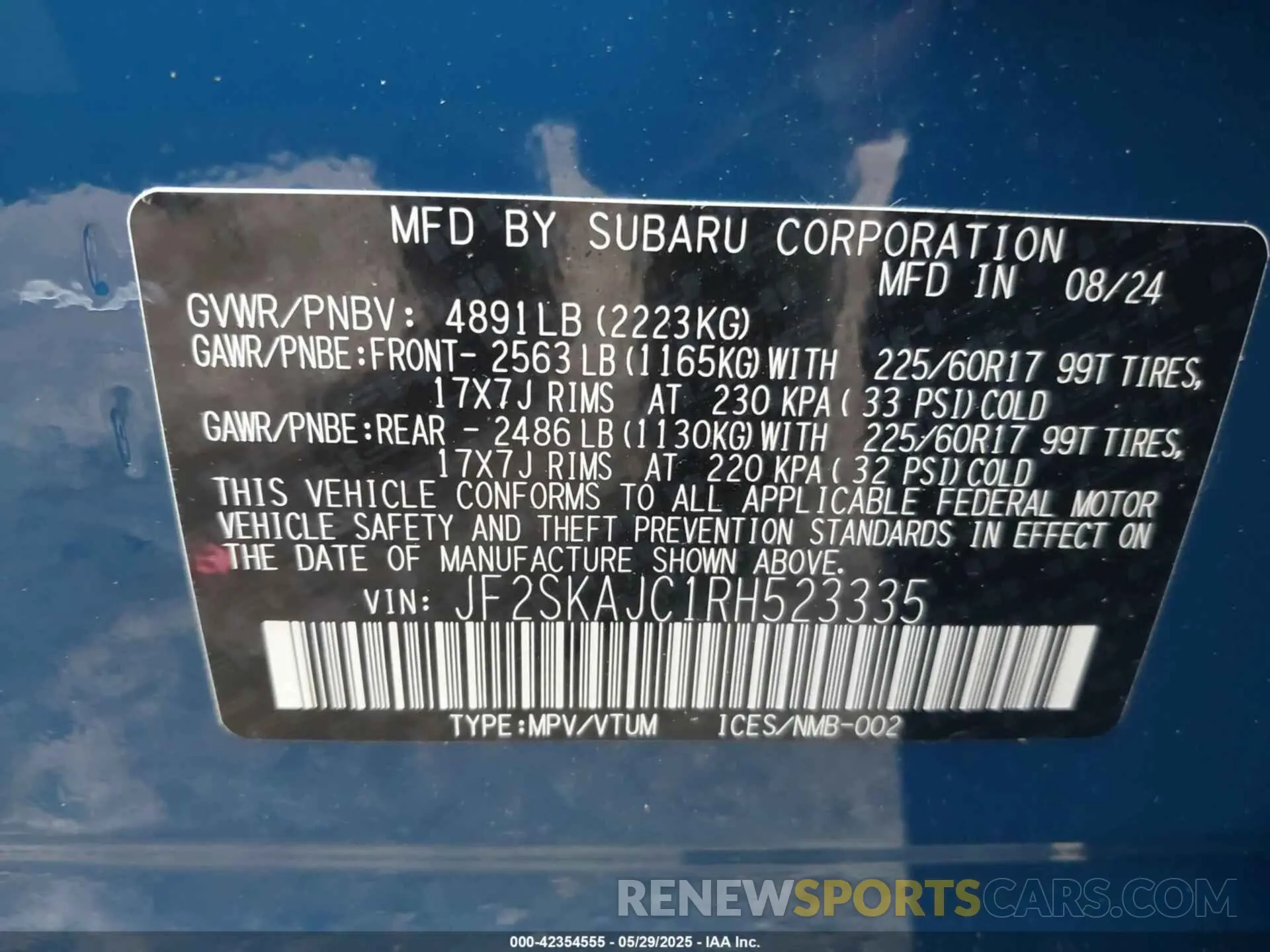 9 fotografías del automóvil dañado JF2SKAJC1RH523335 SUBARU FORESTER 2024