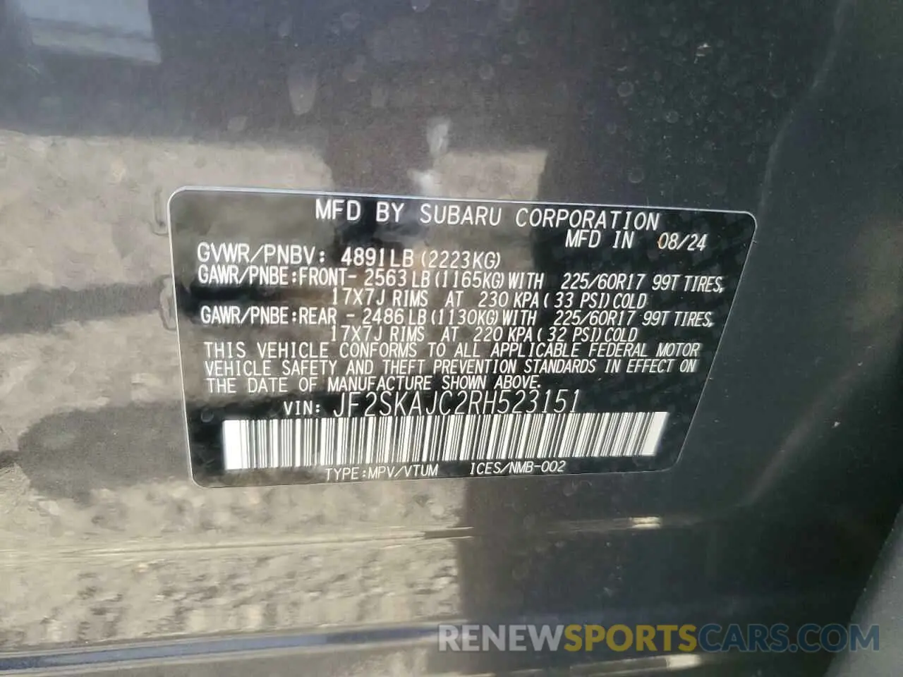 13 fotografías del automóvil dañado JF2SKAJC2RH523151 SUBARU FORESTER 2024