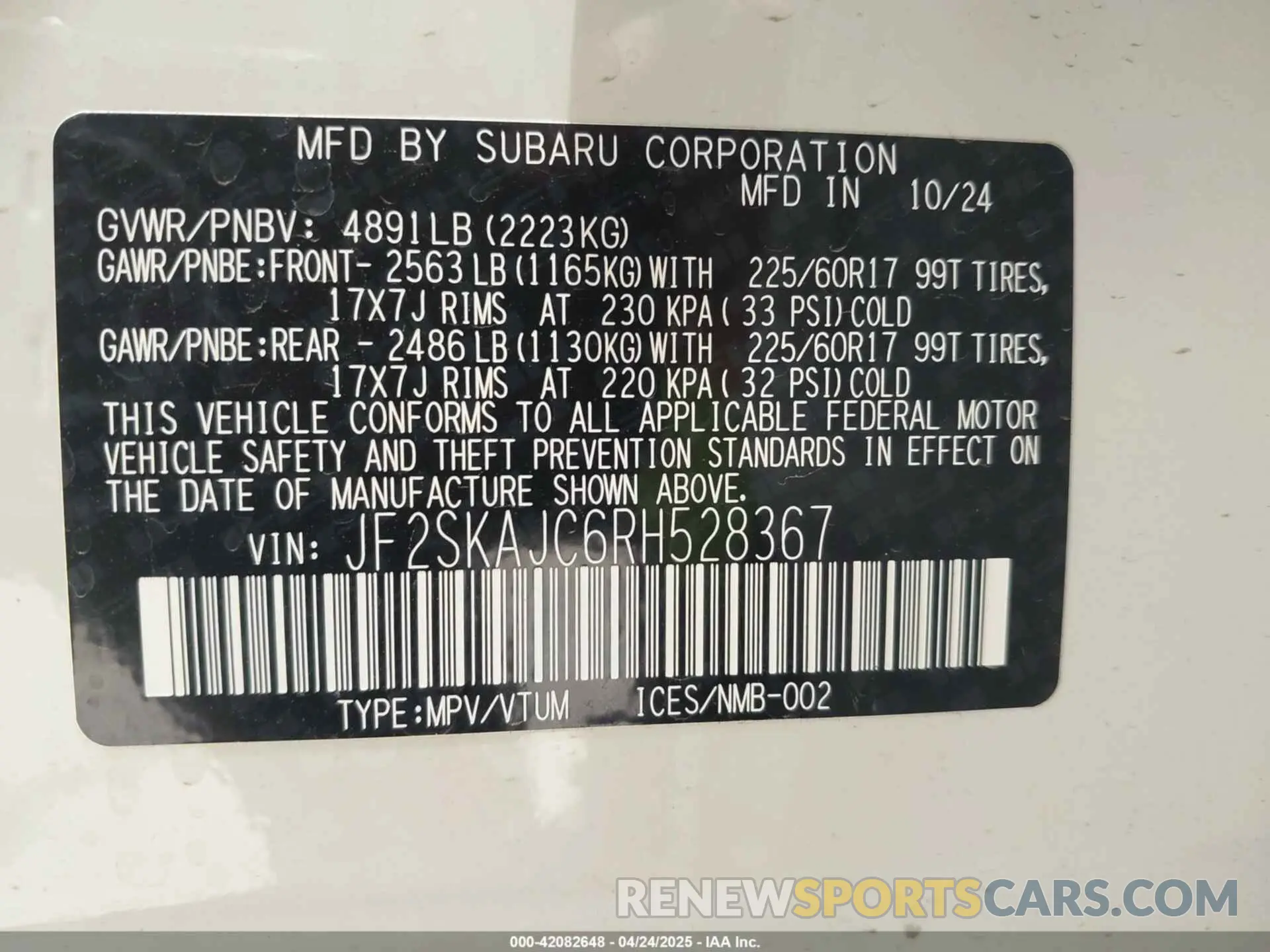 9 fotografías del automóvil dañado JF2SKAJC6RH528367 SUBARU FORESTER 2024