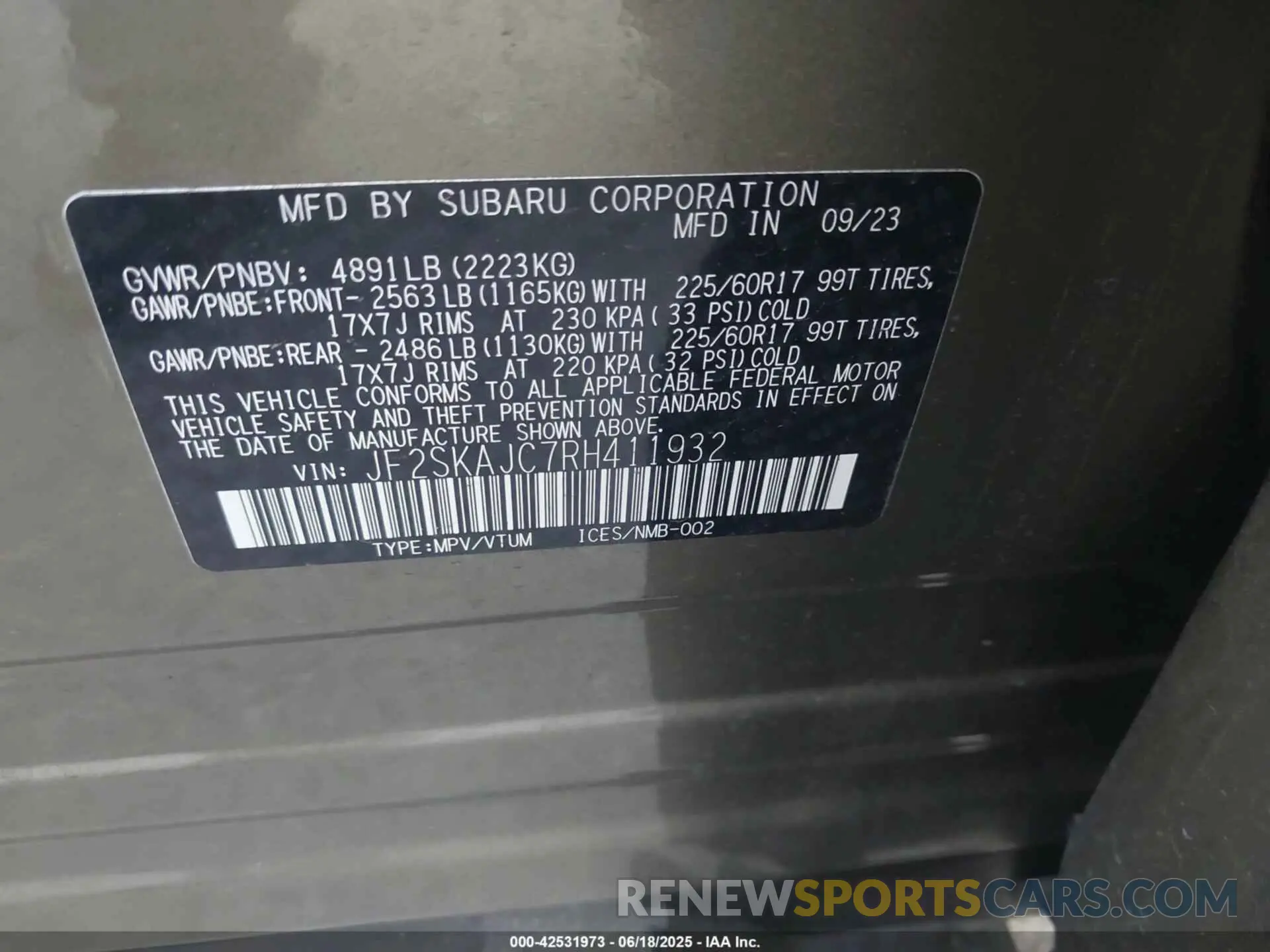9 fotografías del automóvil dañado JF2SKAJC7RH411932 SUBARU FORESTER 2024