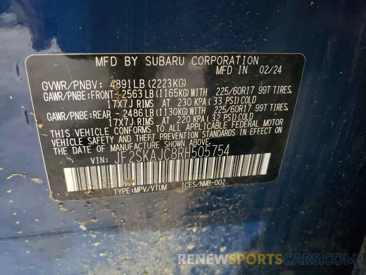 16 fotografías del automóvil dañado JF2SKAJC8RH505754 SUBARU FORESTER 2024
