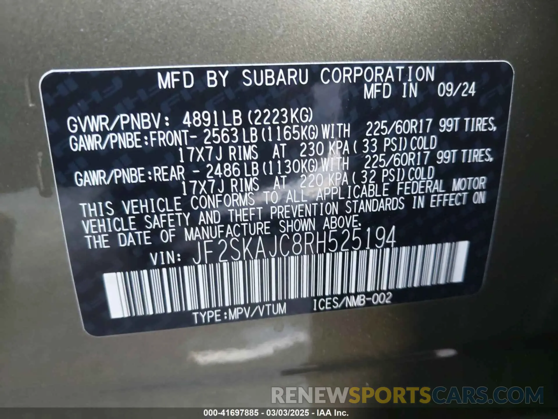9 fotografías del automóvil dañado JF2SKAJC8RH525194 SUBARU FORESTER 2024