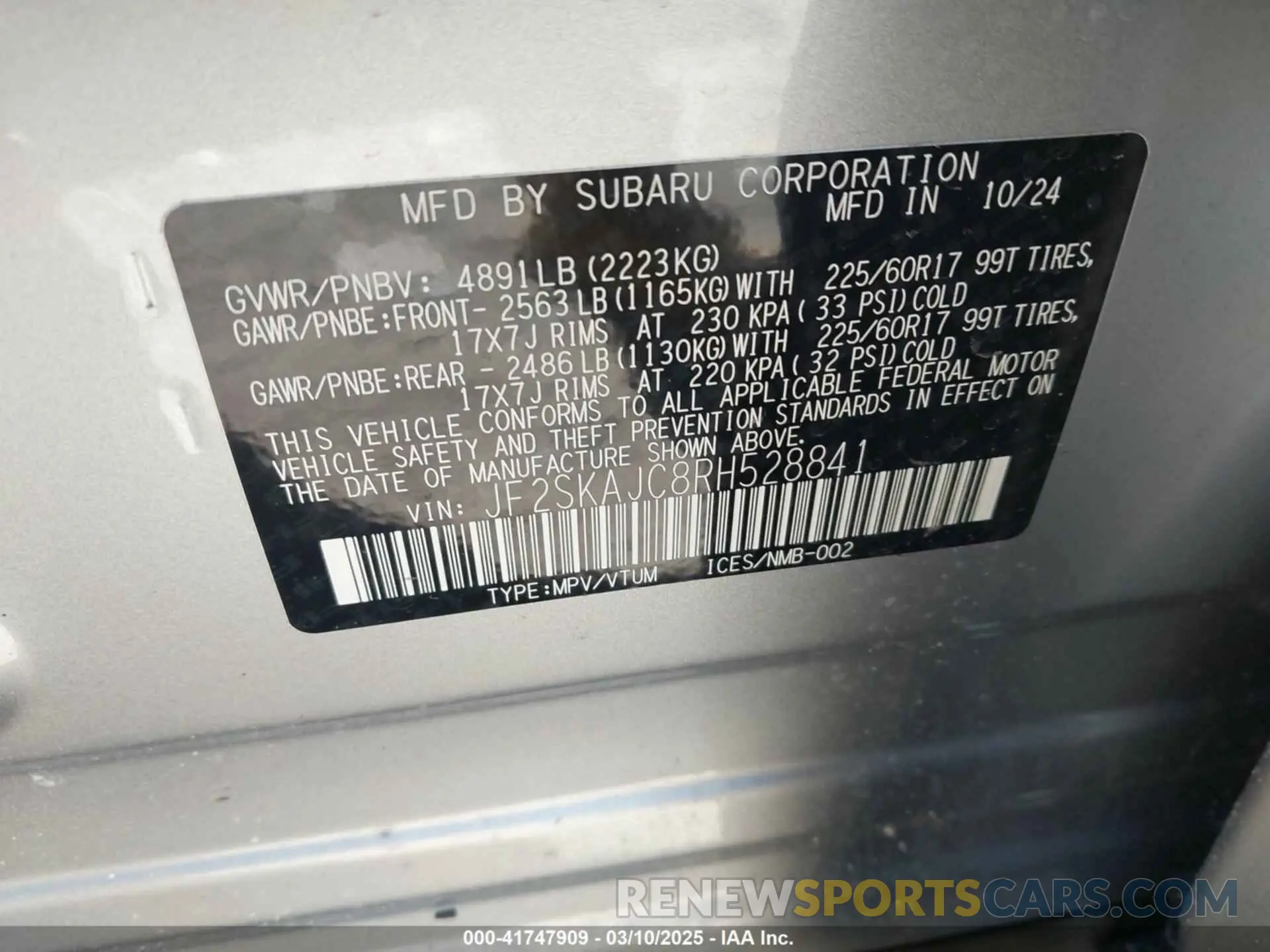 9 fotografías del automóvil dañado JF2SKAJC8RH528841 SUBARU FORESTER 2024