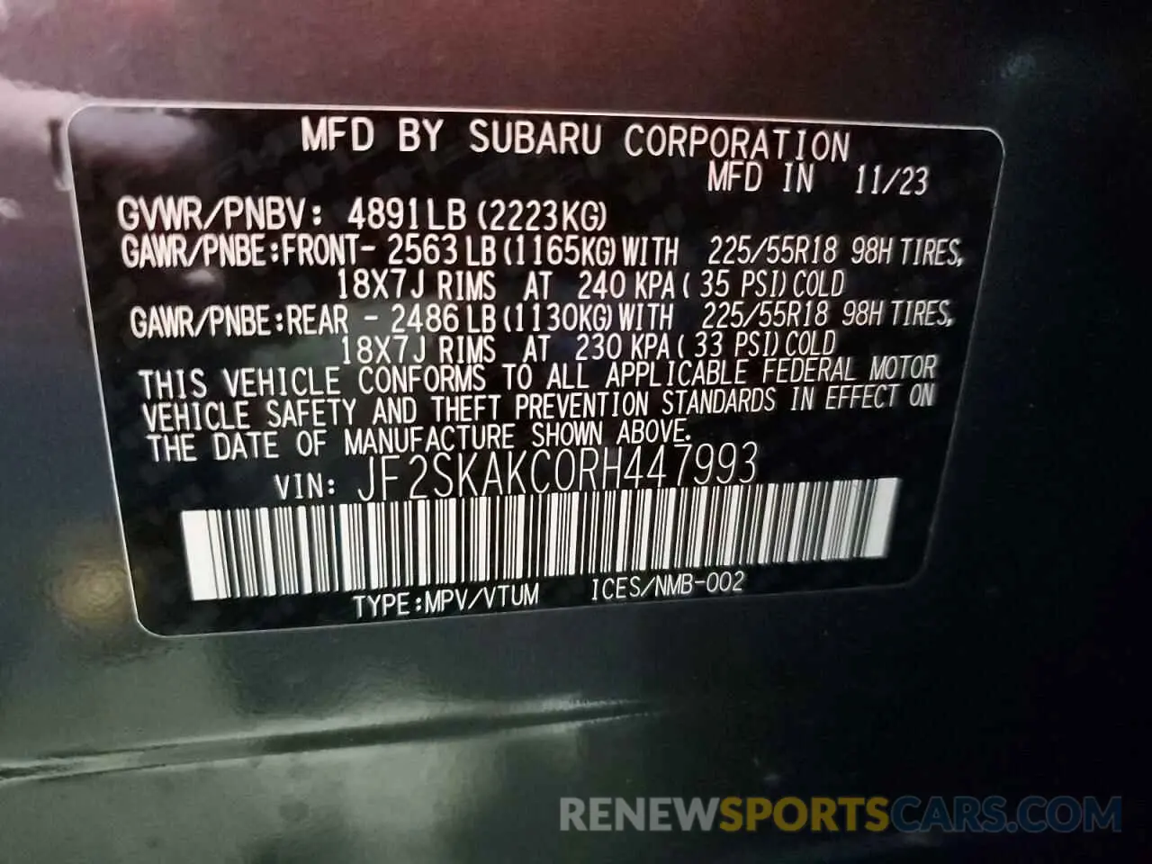 14 fotografías del automóvil dañado JF2SKAKC0RH447993 SUBARU FORESTER 2024
