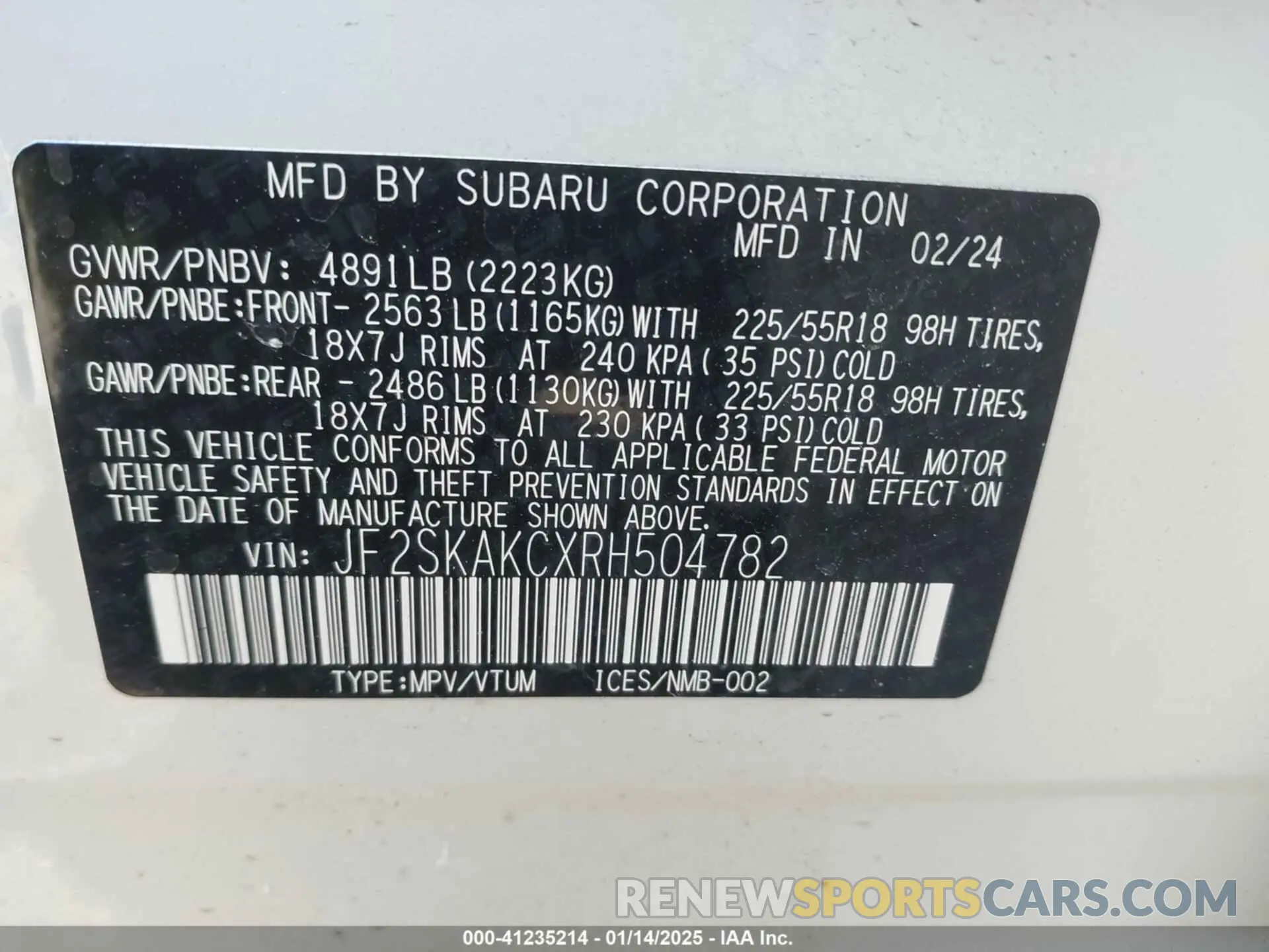 9 fotografías del automóvil dañado JF2SKAKCXRH504782 SUBARU FORESTER 2024