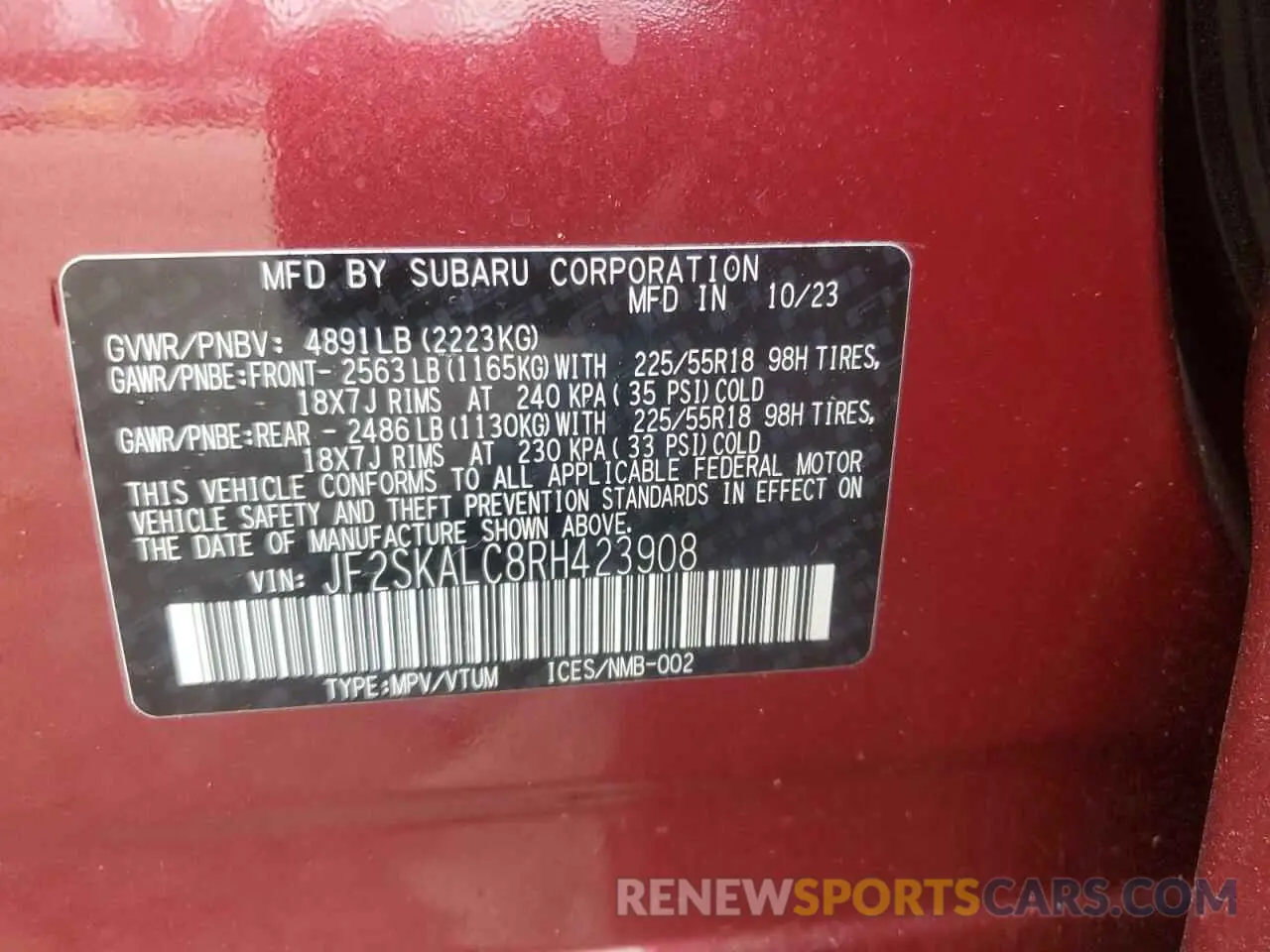 13 fotografías del automóvil dañado JF2SKALC8RH423908 SUBARU FORESTER 2024