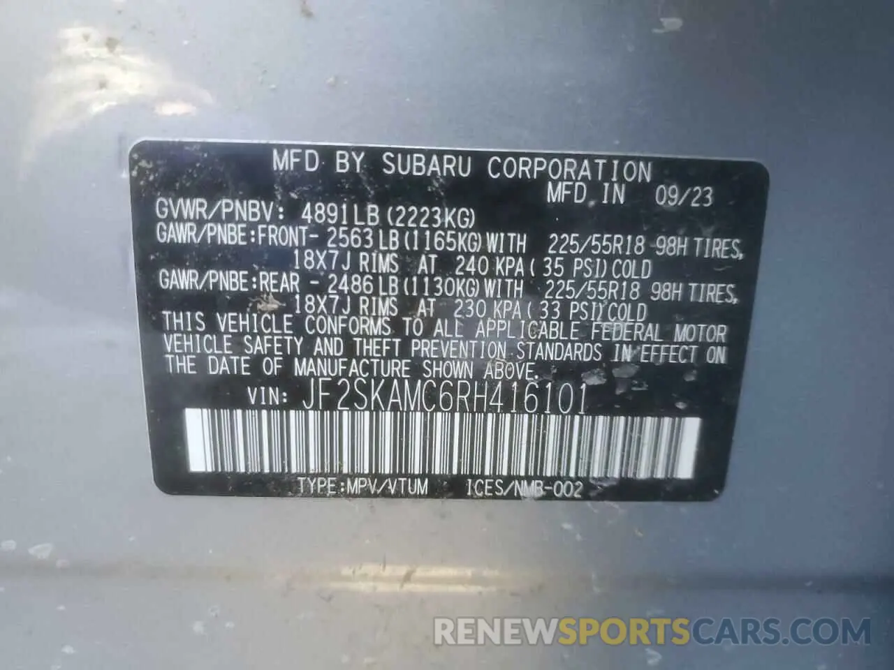 15 fotografías del automóvil dañado JF2SKAMC6RH416101 SUBARU FORESTER 2024