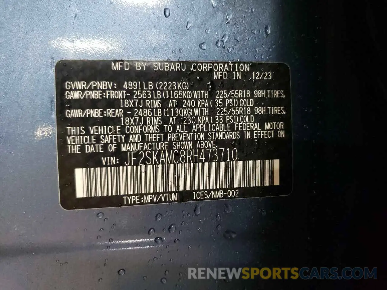 13 fotografías del automóvil dañado JF2SKAMC8RH473710 SUBARU FORESTER 2024