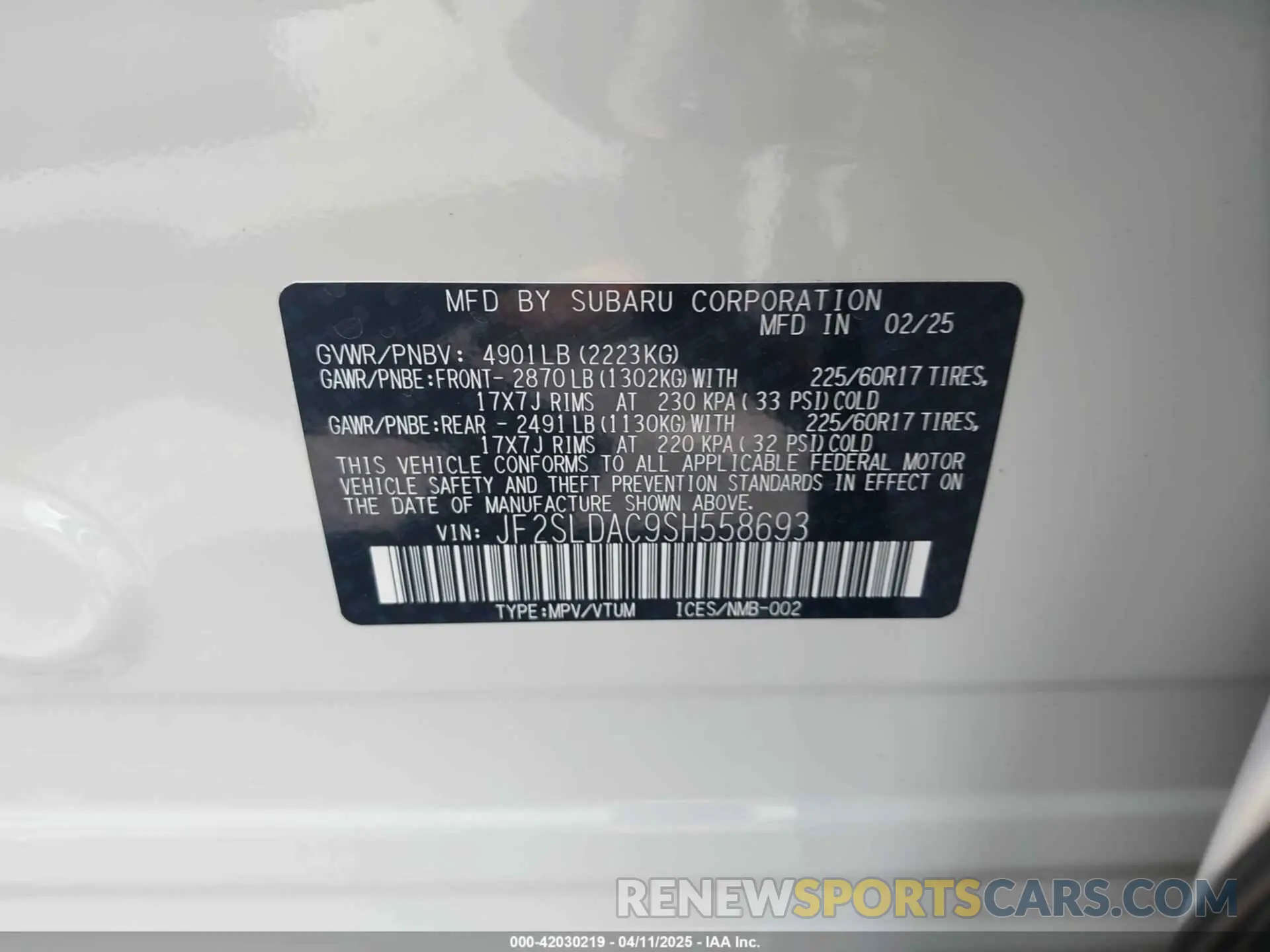 9 fotografías del automóvil dañado JF2SLDAC9SH558693 SUBARU FORESTER 2025