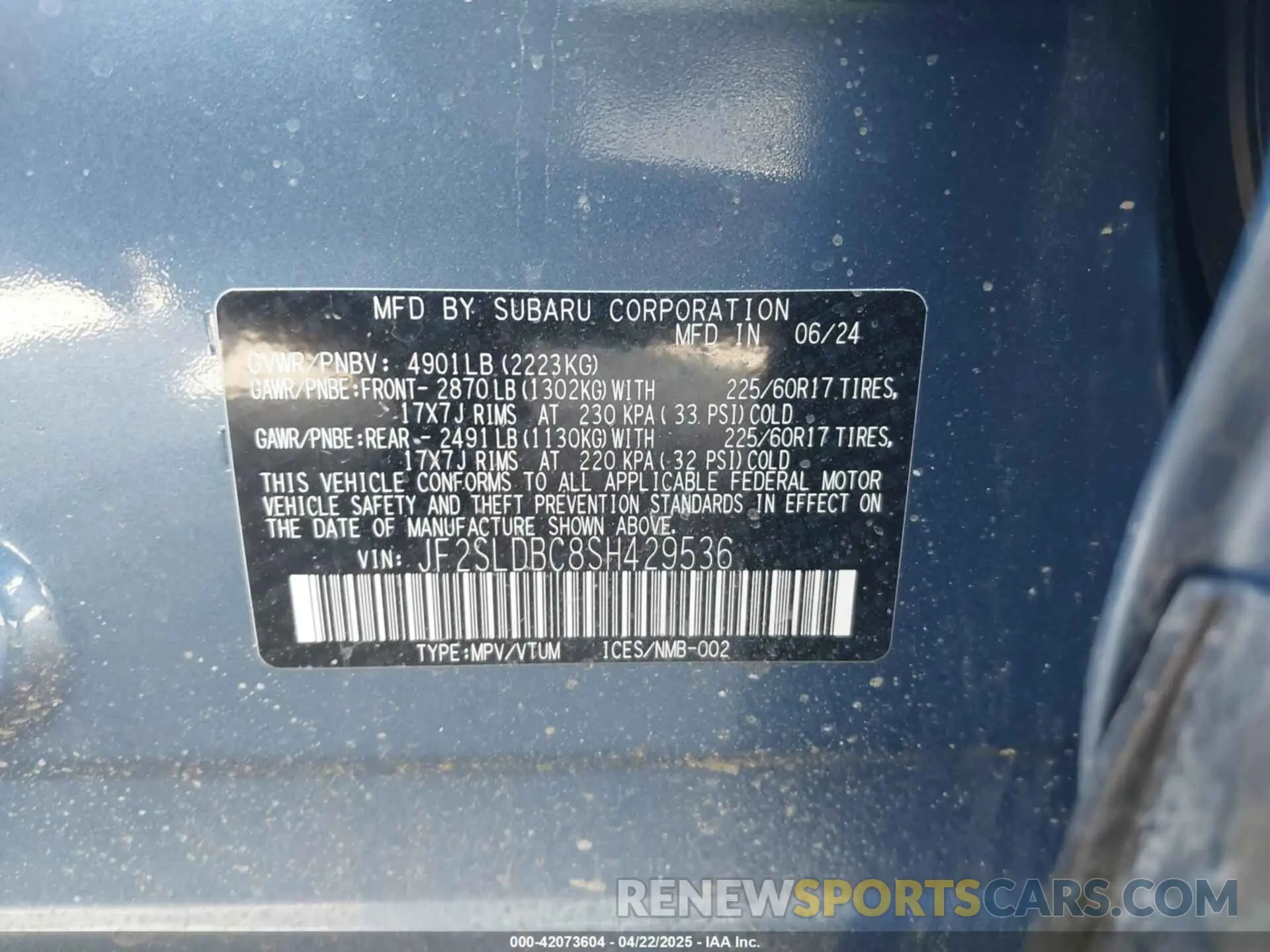 9 fotografías del automóvil dañado JF2SLDBC8SH429536 SUBARU FORESTER 2025