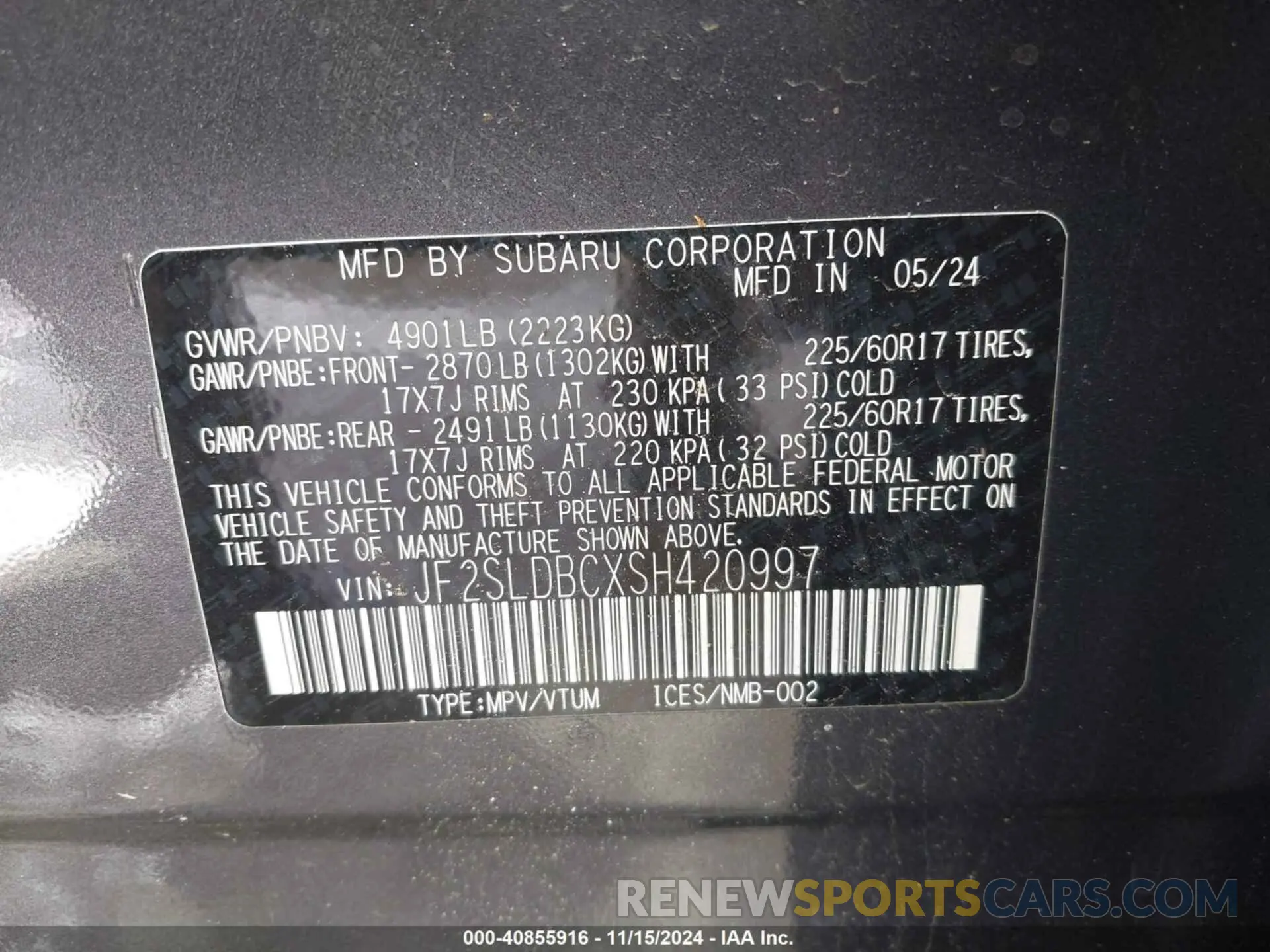 9 fotografías del automóvil dañado JF2SLDBCXSH420997 SUBARU FORESTER 2025