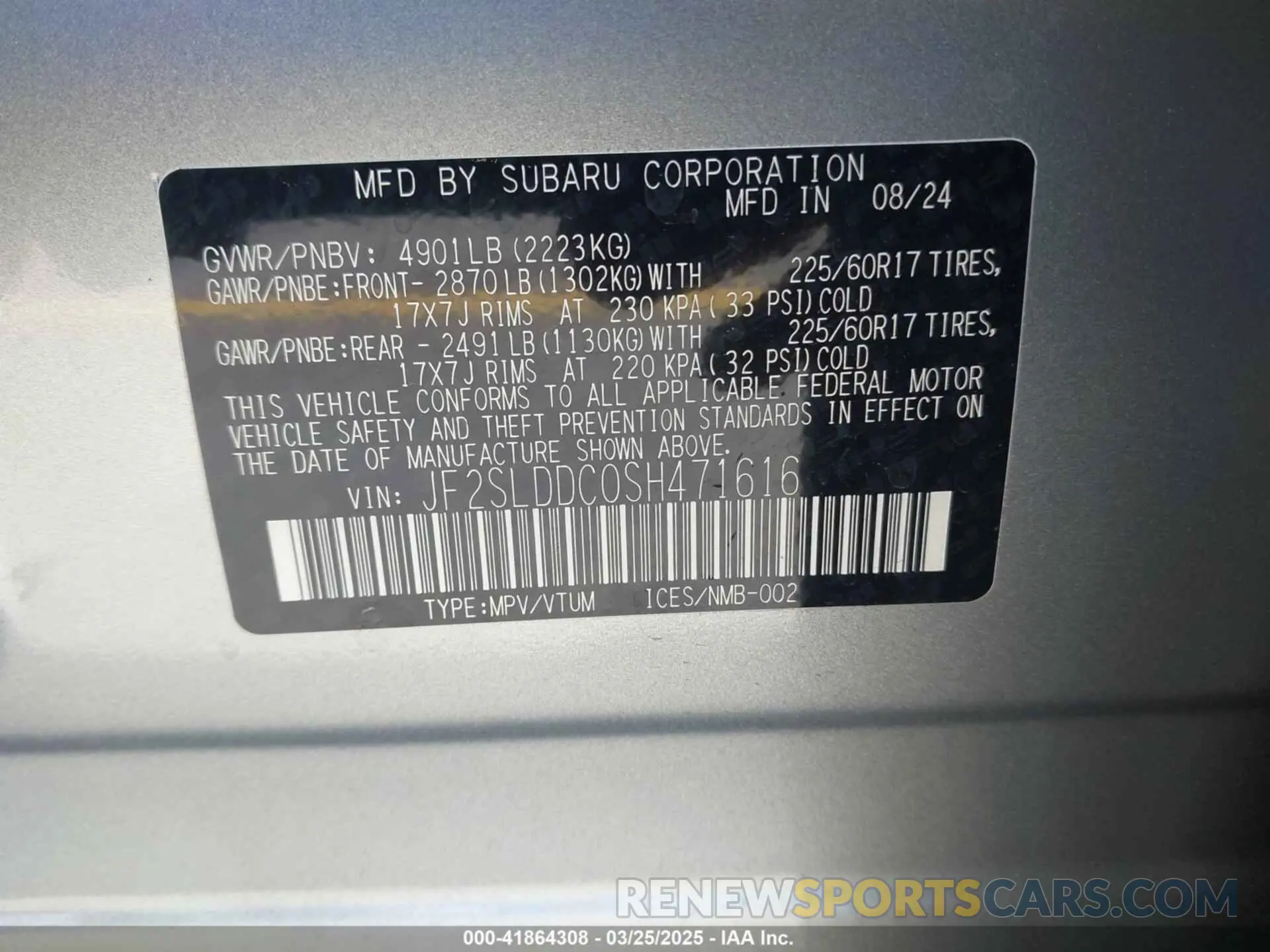 9 fotografías del automóvil dañado JF2SLDDC0SH471616 SUBARU FORESTER 2025