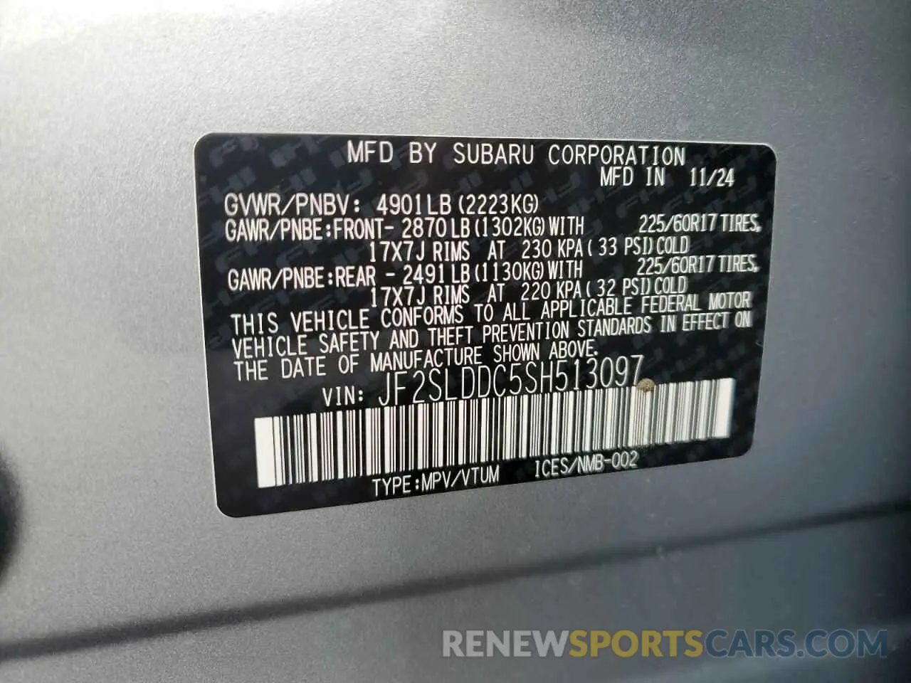 14 fotografías del automóvil dañado JF2SLDDC5SH513097 SUBARU FORESTER 2025