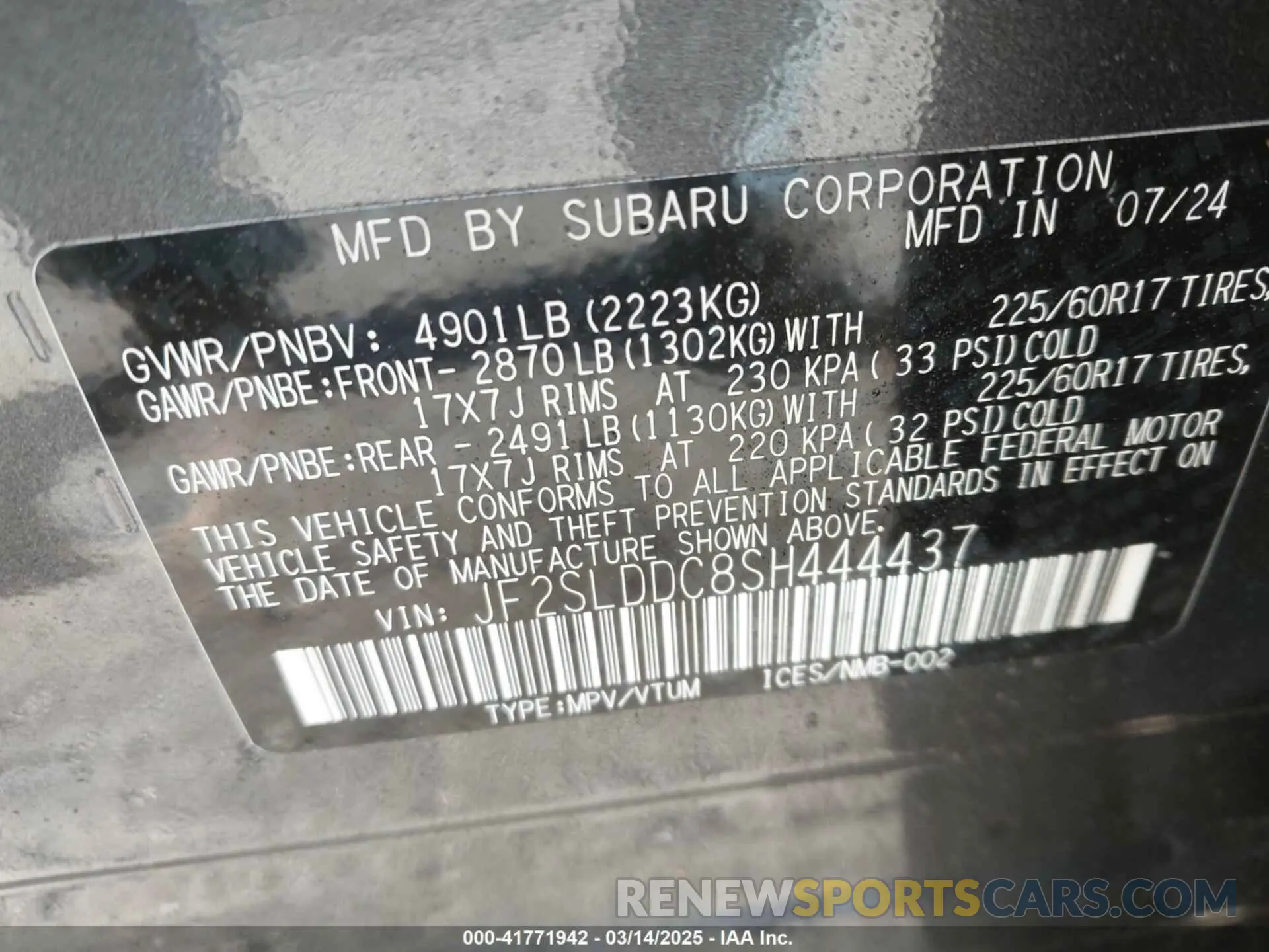 9 fotografías del automóvil dañado JF2SLDDC8SH444437 SUBARU FORESTER 2025