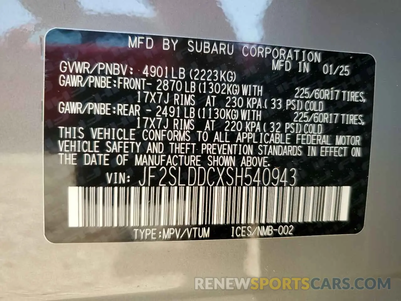 14 fotografías del automóvil dañado JF2SLDDCXSH540943 SUBARU FORESTER 2025