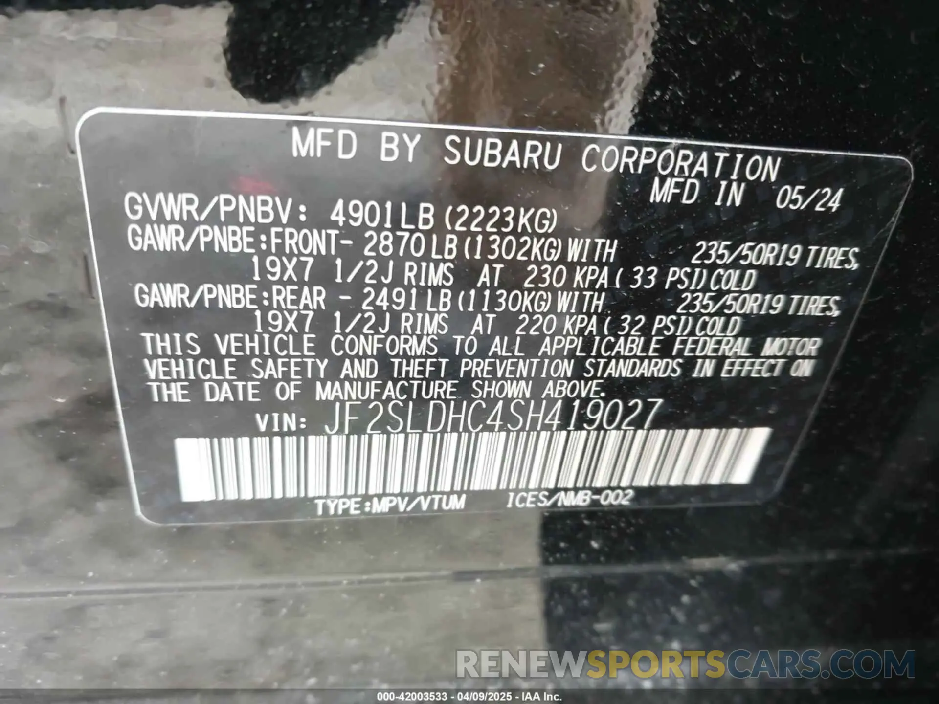 9 fotografías del automóvil dañado JF2SLDHC4SH419027 SUBARU FORESTER 2025