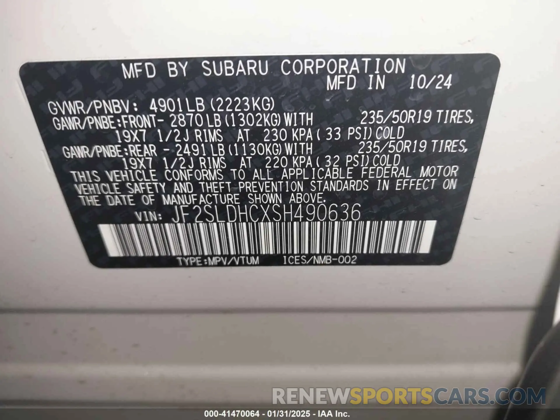 9 fotografías del automóvil dañado JF2SLDHCXSH490636 SUBARU FORESTER 2025