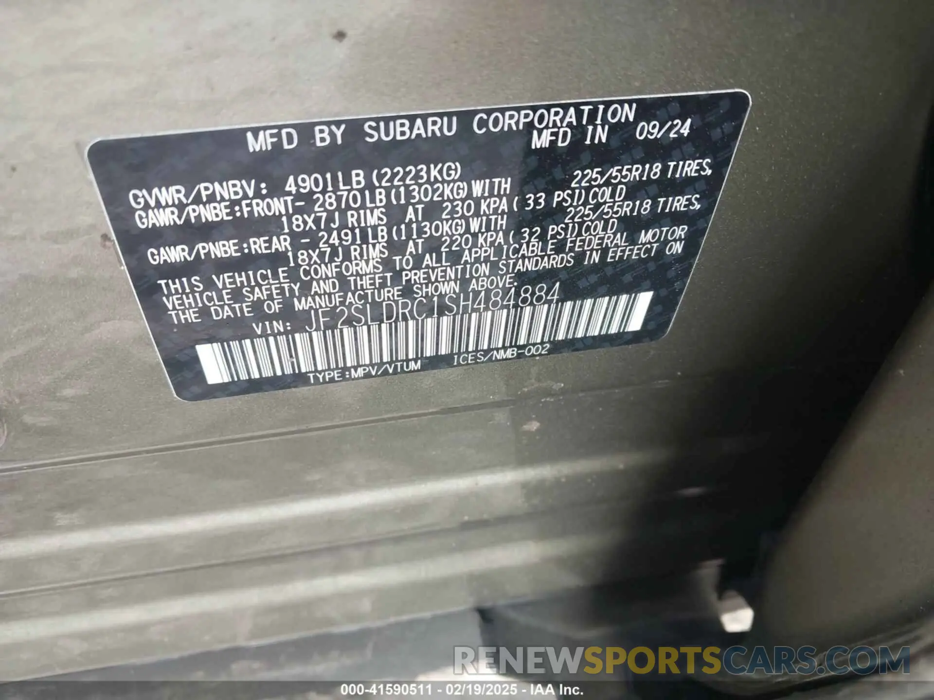 9 fotografías del automóvil dañado JF2SLDRC1SH484884 SUBARU FORESTER 2025