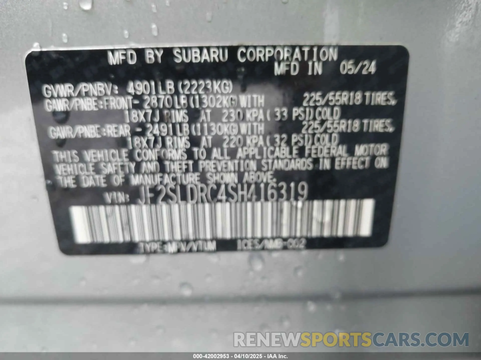 9 fotografías del automóvil dañado JF2SLDRC4SH416319 SUBARU FORESTER 2025