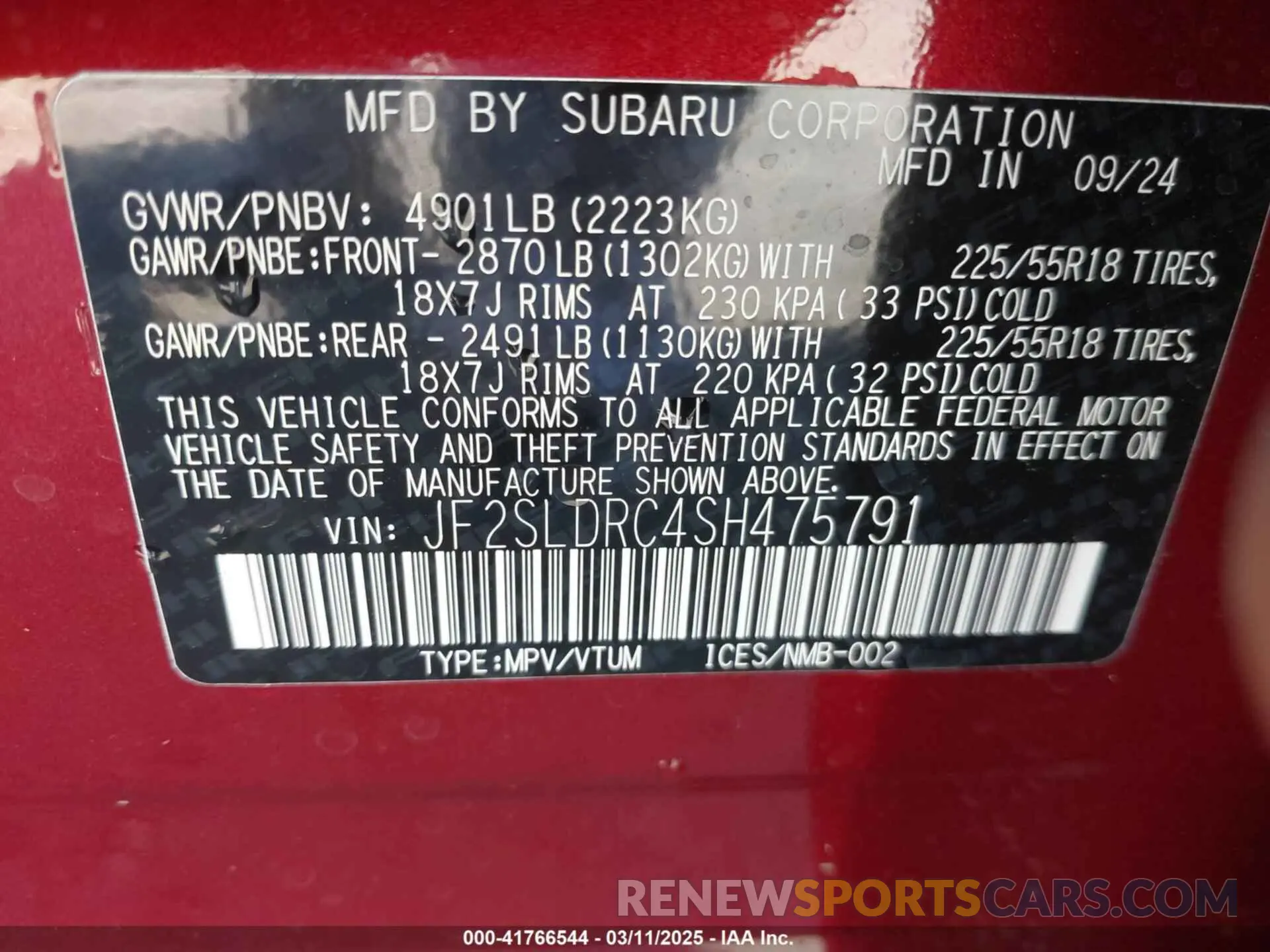 9 fotografías del automóvil dañado JF2SLDRC4SH475791 SUBARU FORESTER 2025