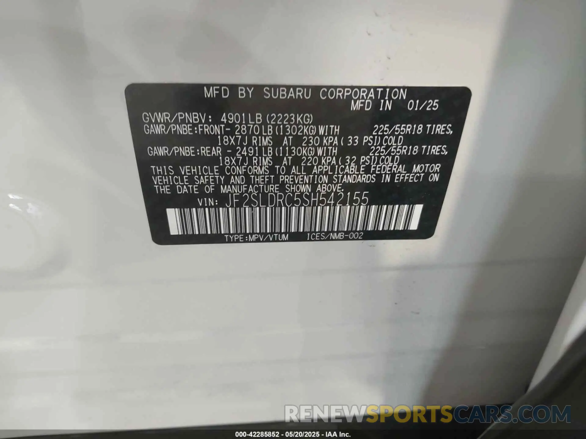 9 fotografías del automóvil dañado JF2SLDRC5SH542155 SUBARU FORESTER 2025