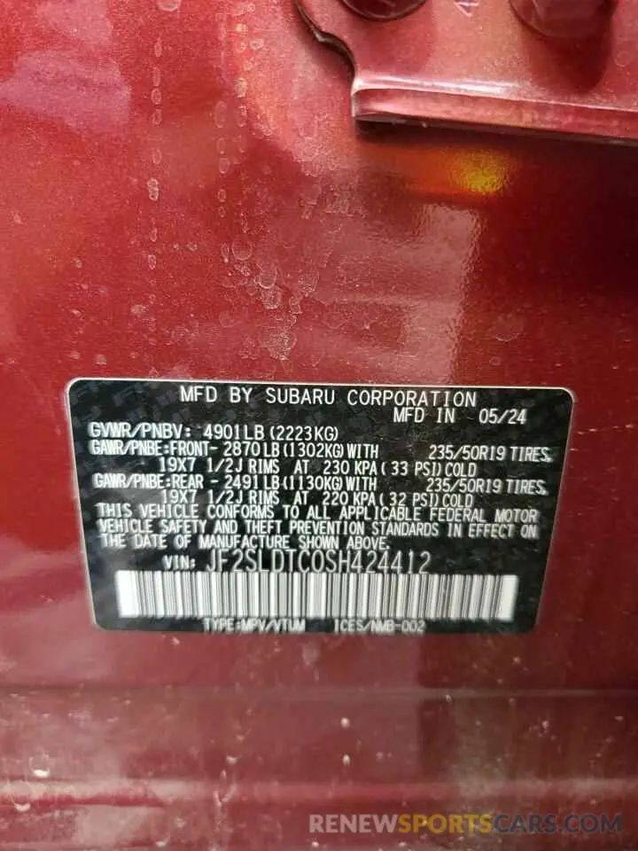 13 fotografías del automóvil dañado JF2SLDTC0SH424412 SUBARU FORESTER 2025