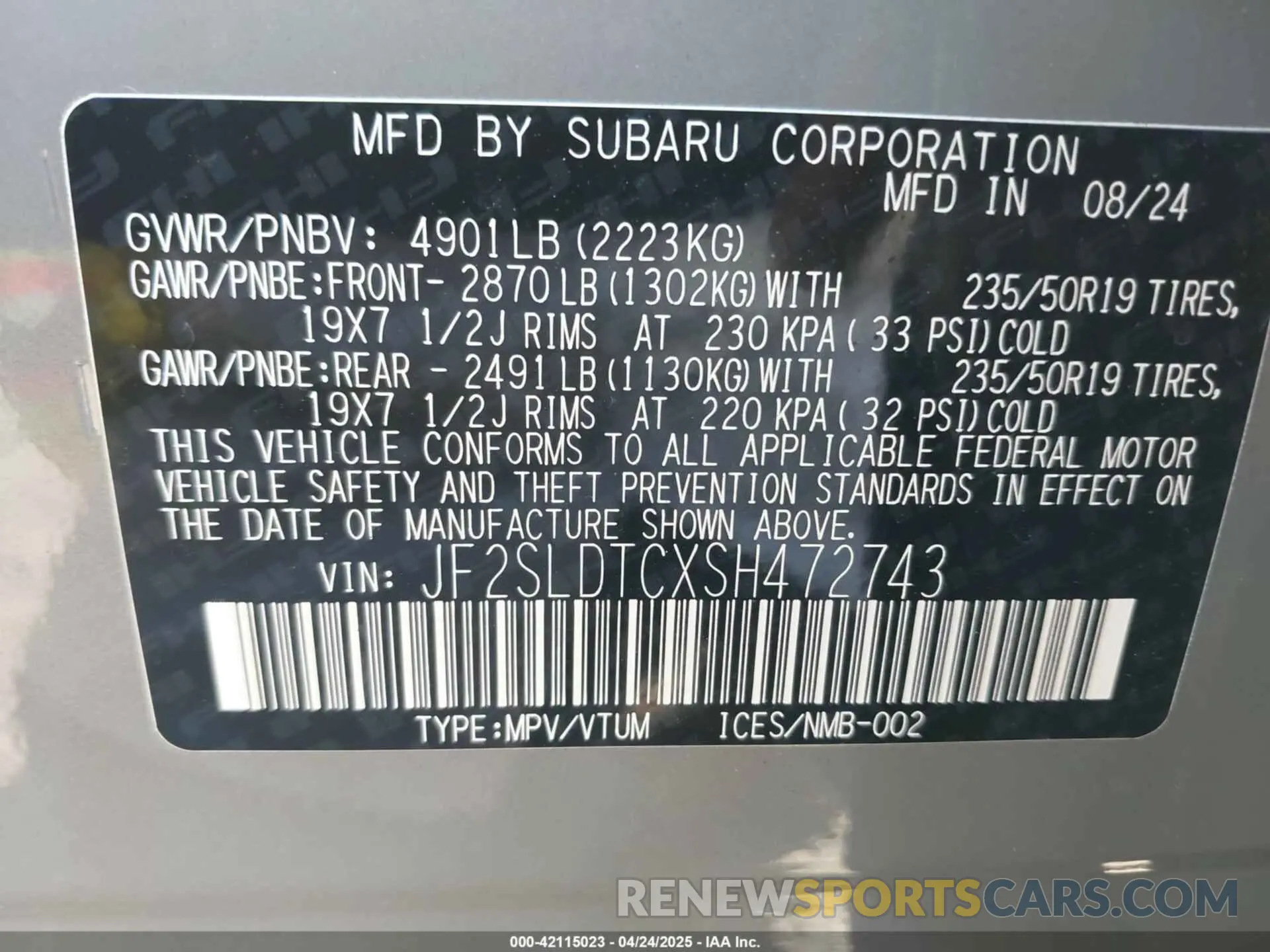 9 fotografías del automóvil dañado JF2SLDTCXSH472743 SUBARU FORESTER 2025