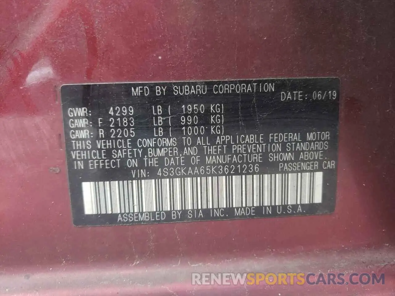 12 fotografías del automóvil dañado 4S3GKAA65K3621236 SUBARU IMPREZA 2019