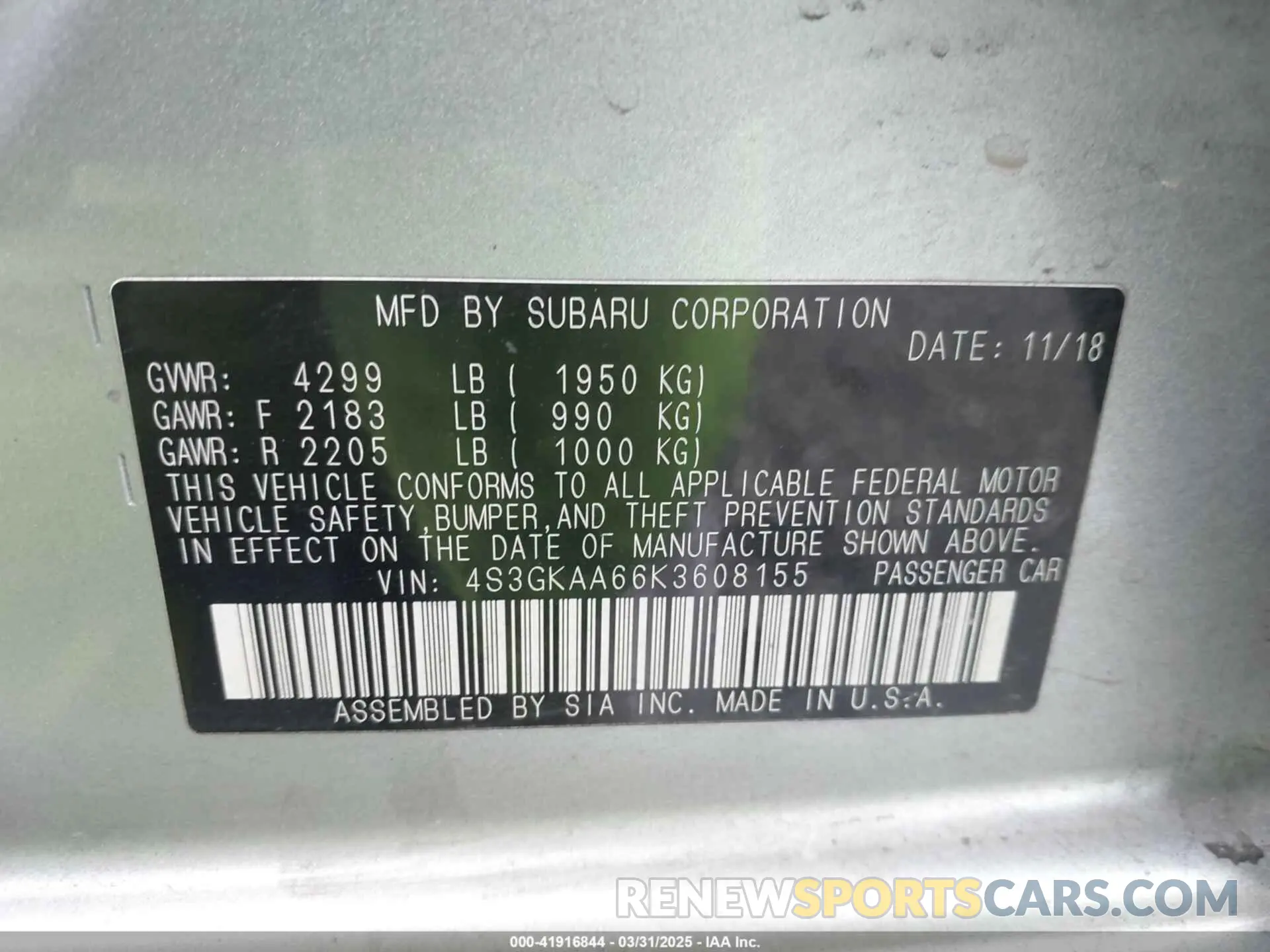 9 fotografías del automóvil dañado 4S3GKAA66K3608155 SUBARU IMPREZA 2019