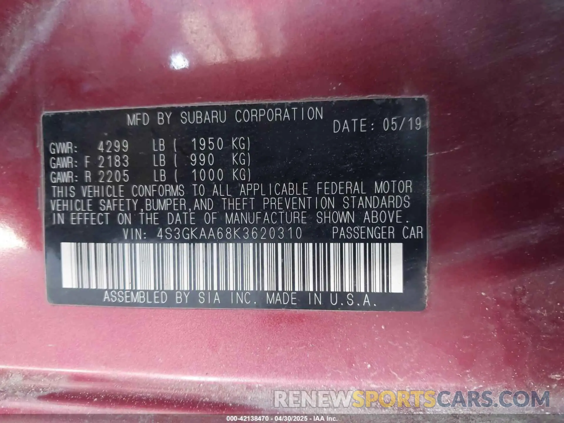 9 fotografías del automóvil dañado 4S3GKAA68K3620310 SUBARU IMPREZA 2019