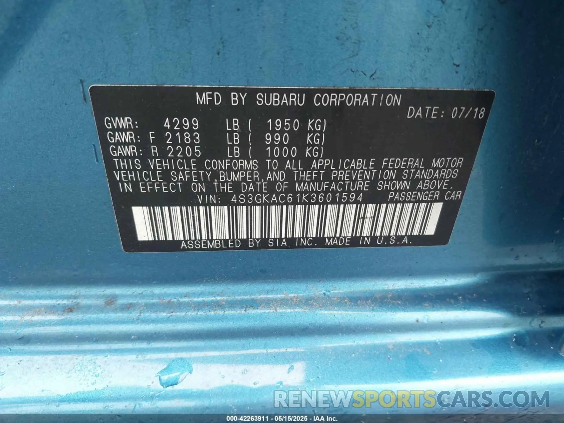 9 fotografías del automóvil dañado 4S3GKAC61K3601594 SUBARU IMPREZA 2019