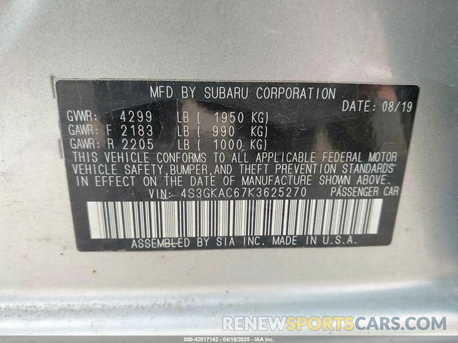 9 fotografías del automóvil dañado 4S3GKAC67K3625270 SUBARU IMPREZA 2019