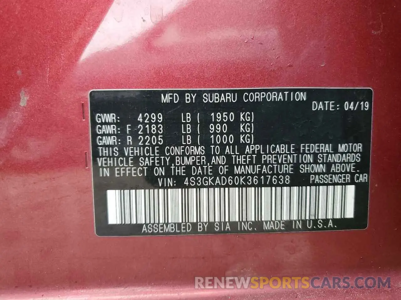 15 fotografías del automóvil dañado 4S3GKAD60K3617638 SUBARU IMPREZA 2019