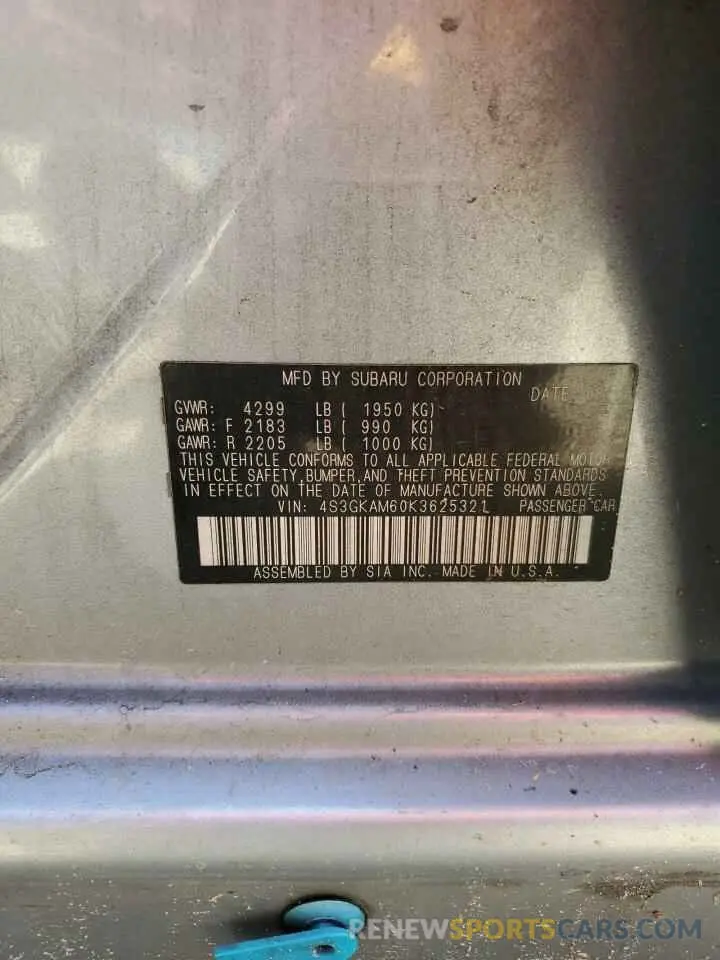 12 fotografías del automóvil dañado 4S3GKAM60K3625321 SUBARU IMPREZA 2019