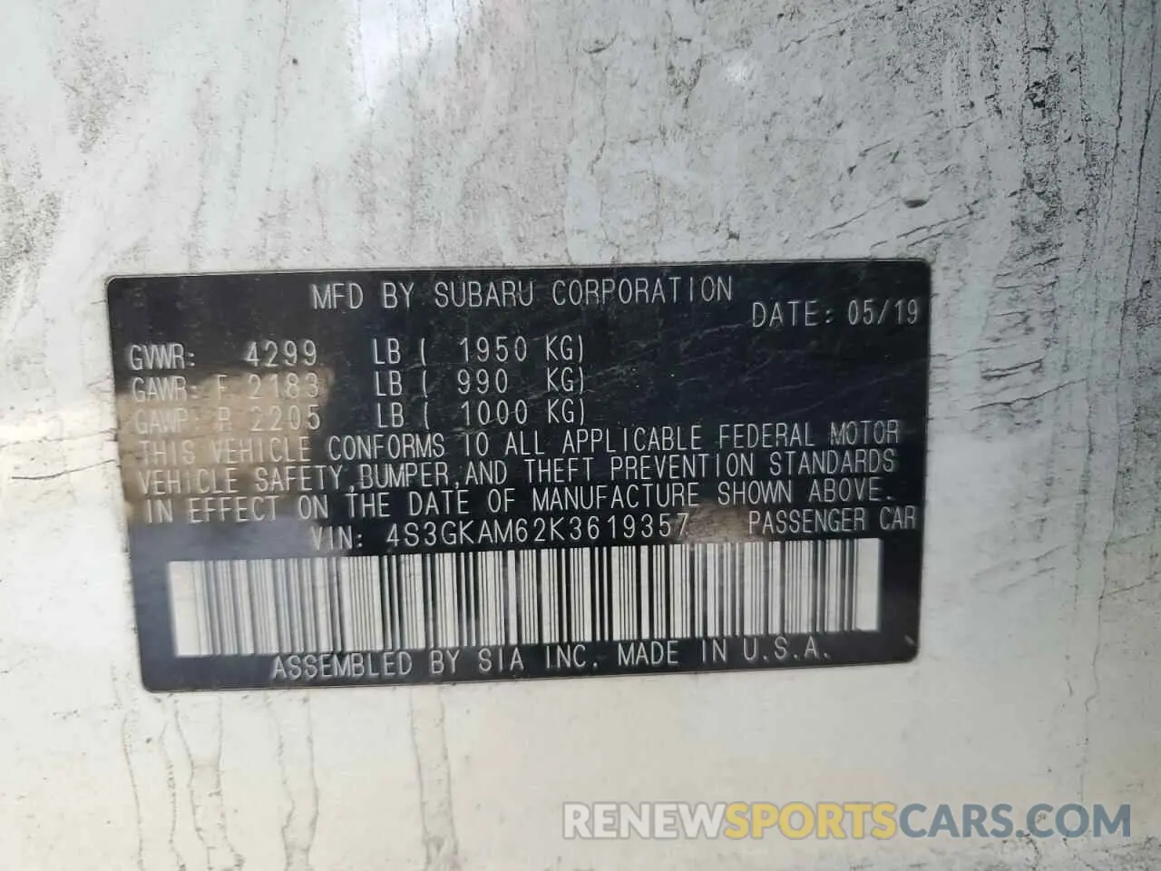 12 fotografías del automóvil dañado 4S3GKAM62K3619357 SUBARU IMPREZA 2019