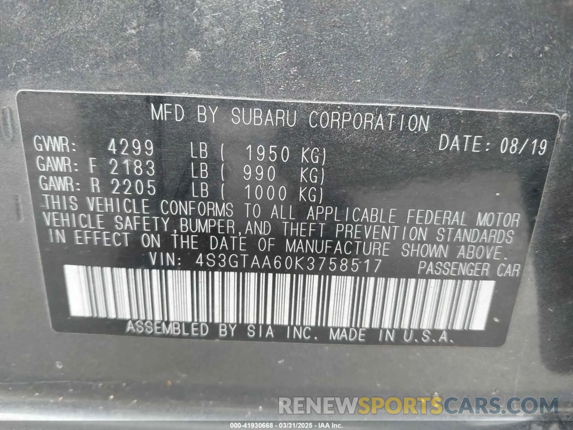 9 fotografías del automóvil dañado 4S3GTAA60K3758517 SUBARU IMPREZA 2019