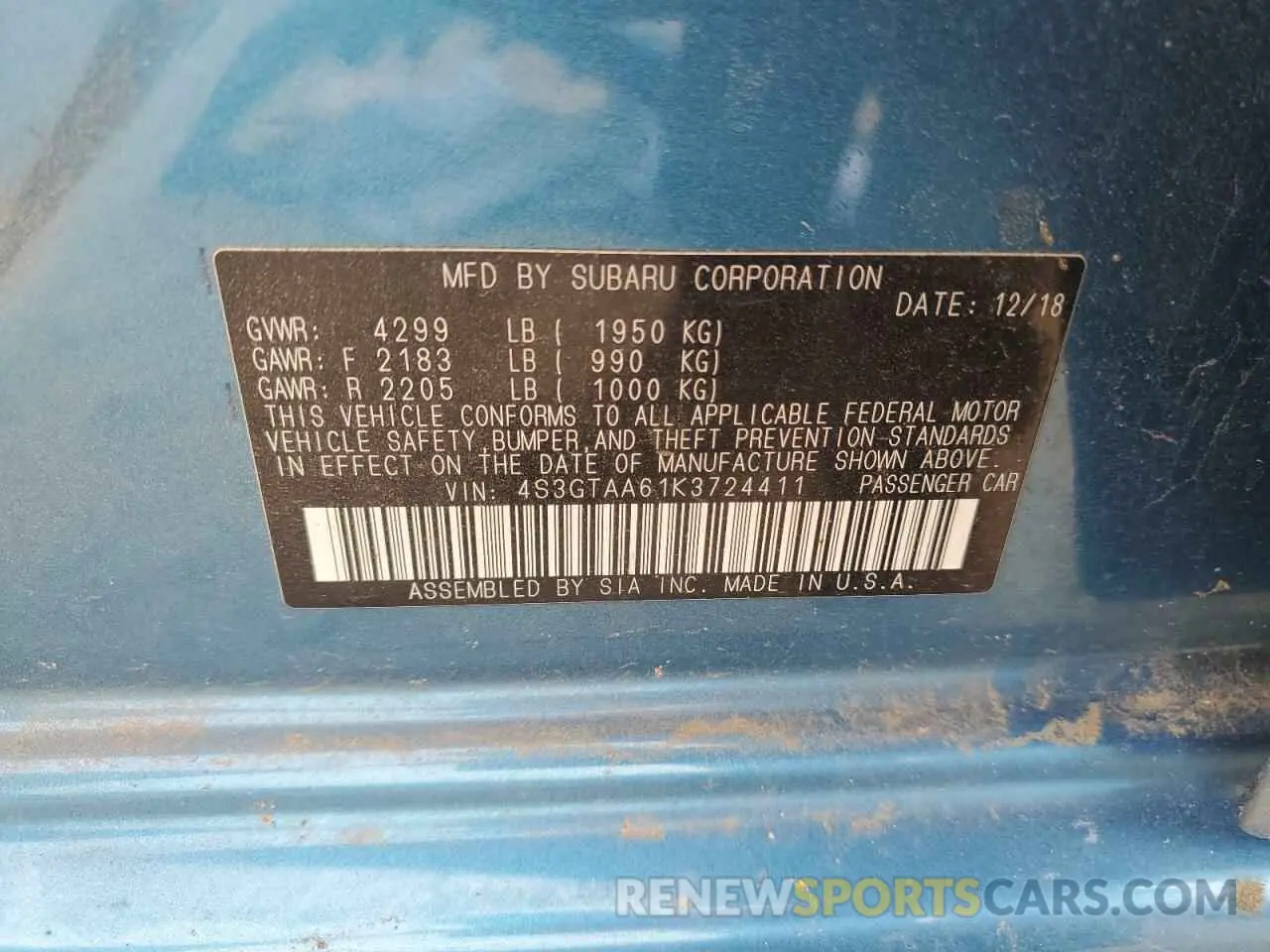 12 fotografías del automóvil dañado 4S3GTAA61K3724411 SUBARU IMPREZA 2019