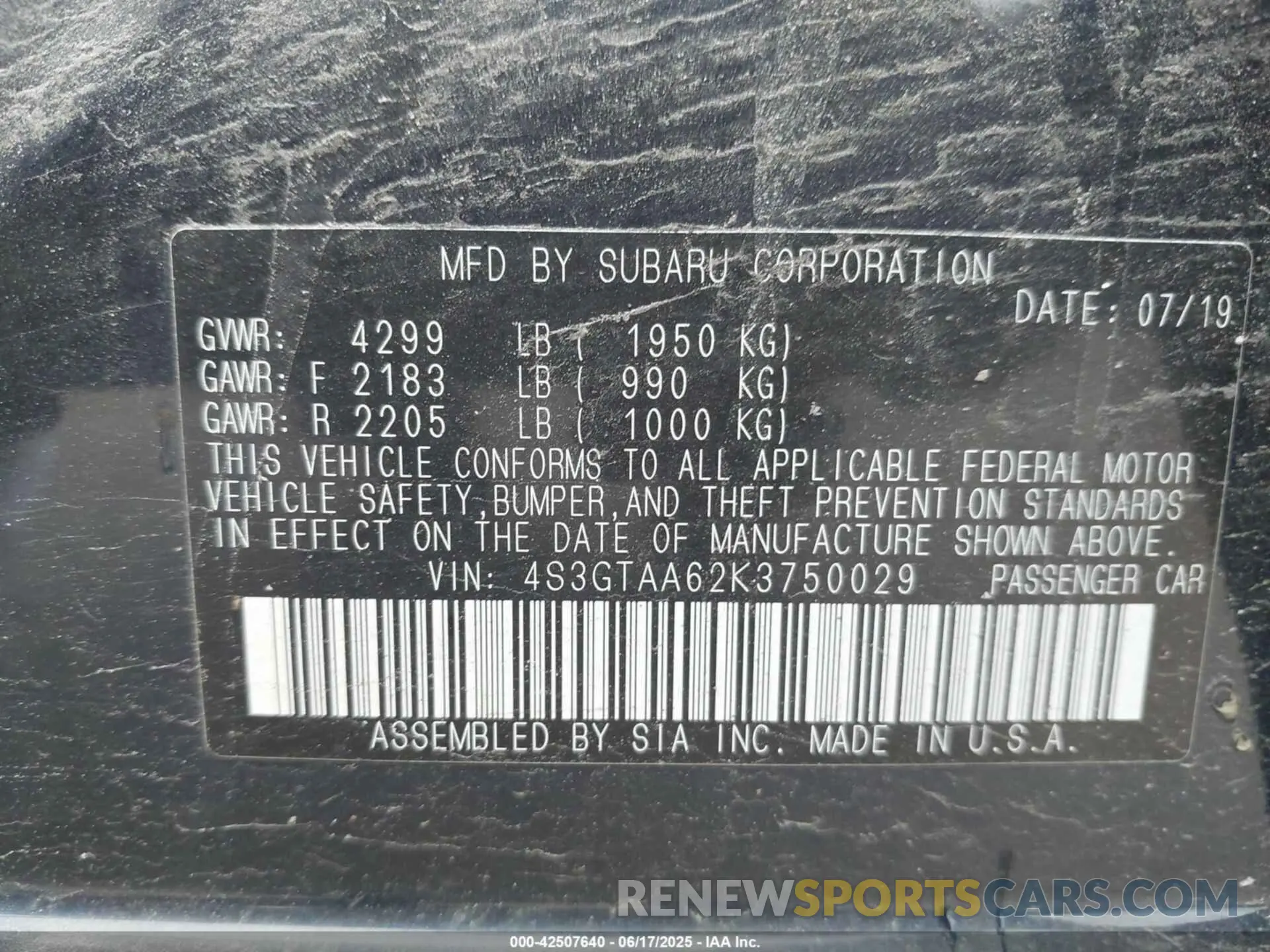 9 fotografías del automóvil dañado 4S3GTAA62K3750029 SUBARU IMPREZA 2019