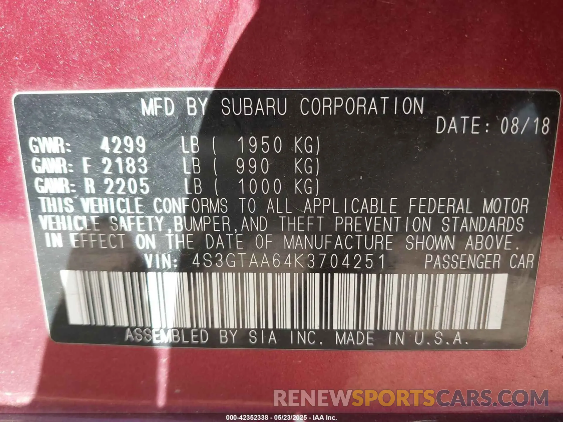 9 fotografías del automóvil dañado 4S3GTAA64K3704251 SUBARU IMPREZA 2019