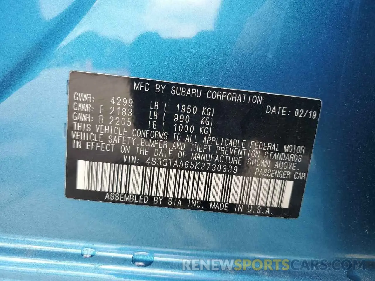 12 fotografías del automóvil dañado 4S3GTAA65K3730339 SUBARU IMPREZA 2019
