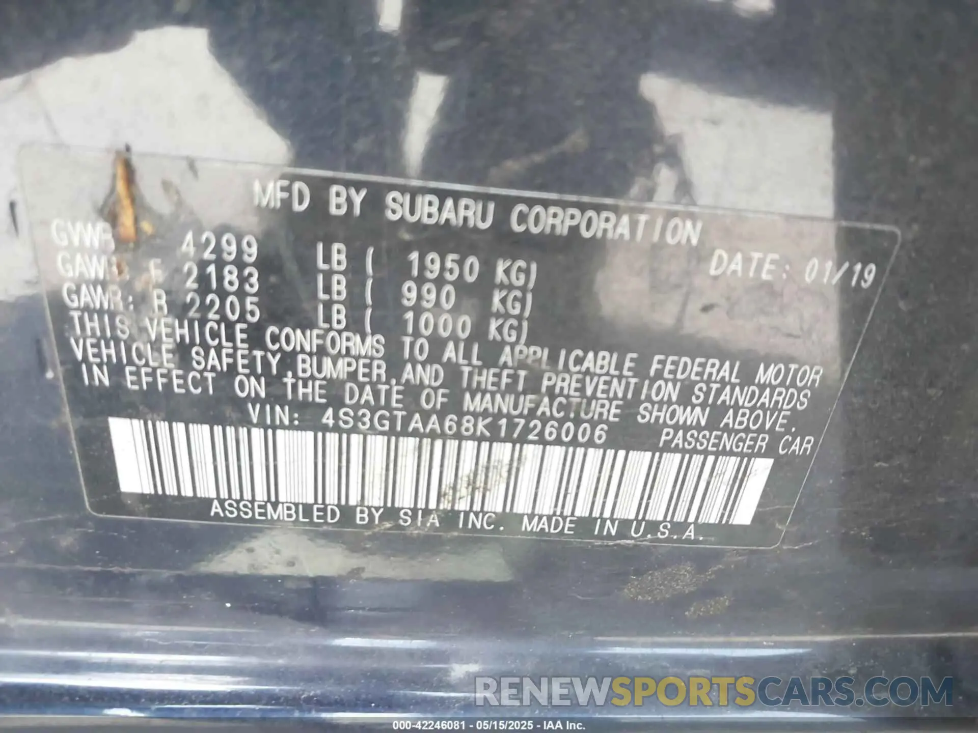 9 fotografías del automóvil dañado 4S3GTAA68K1726006 SUBARU IMPREZA 2019