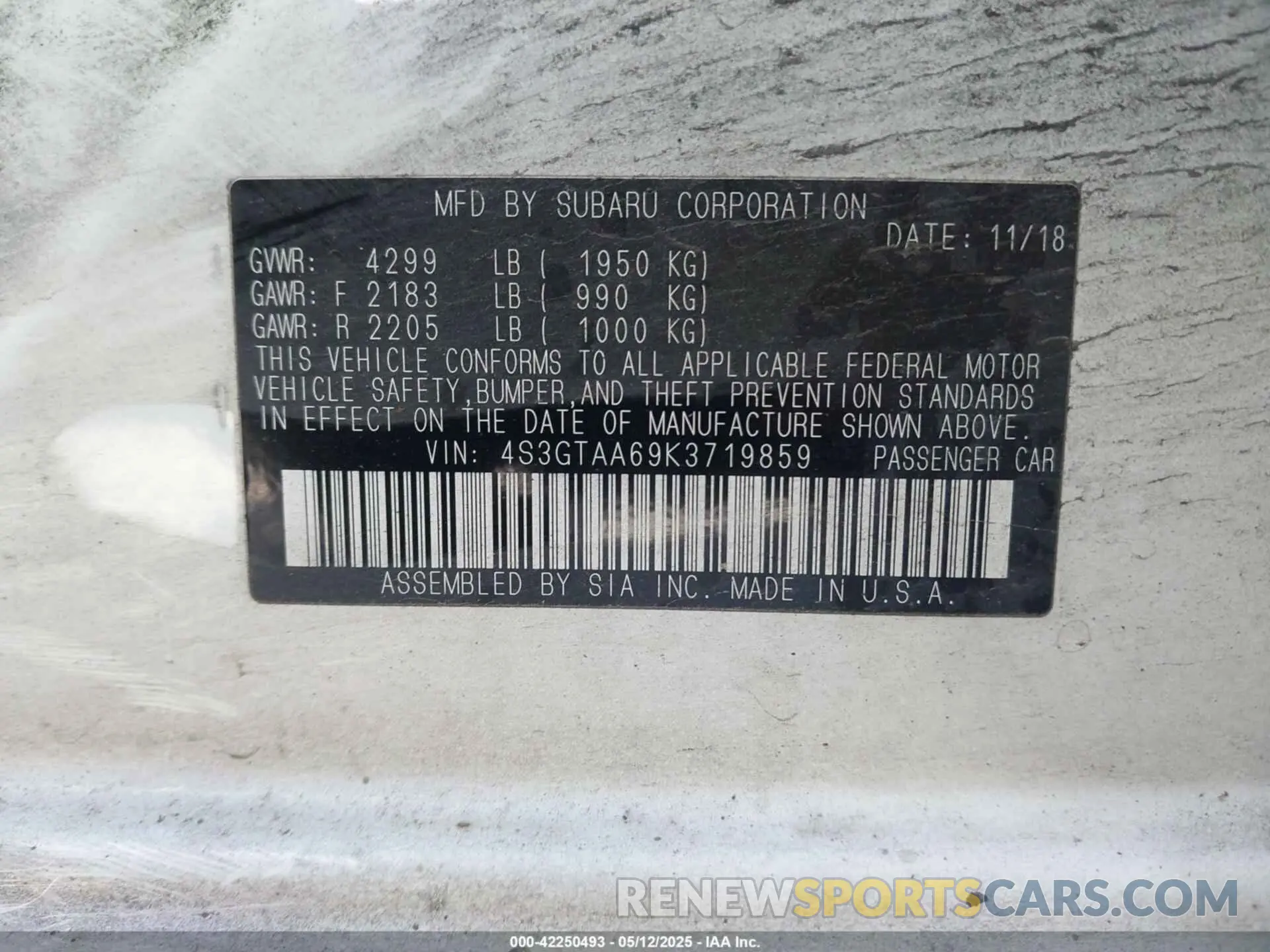 9 fotografías del automóvil dañado 4S3GTAA69K3719859 SUBARU IMPREZA 2019