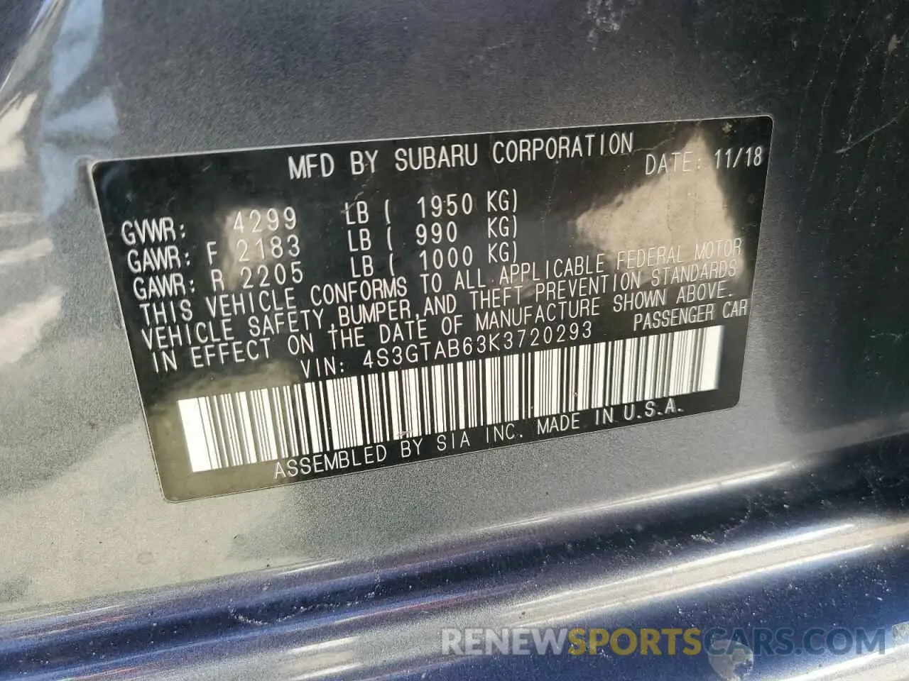 12 fotografías del automóvil dañado 4S3GTAB63K3720293 SUBARU IMPREZA 2019
