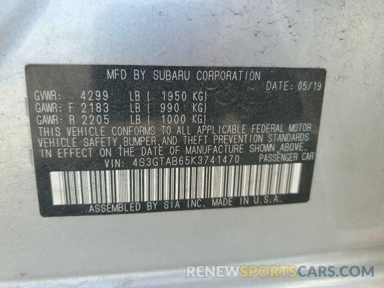 13 fotografías del automóvil dañado 4S3GTAB65K3741470 SUBARU IMPREZA 2019
