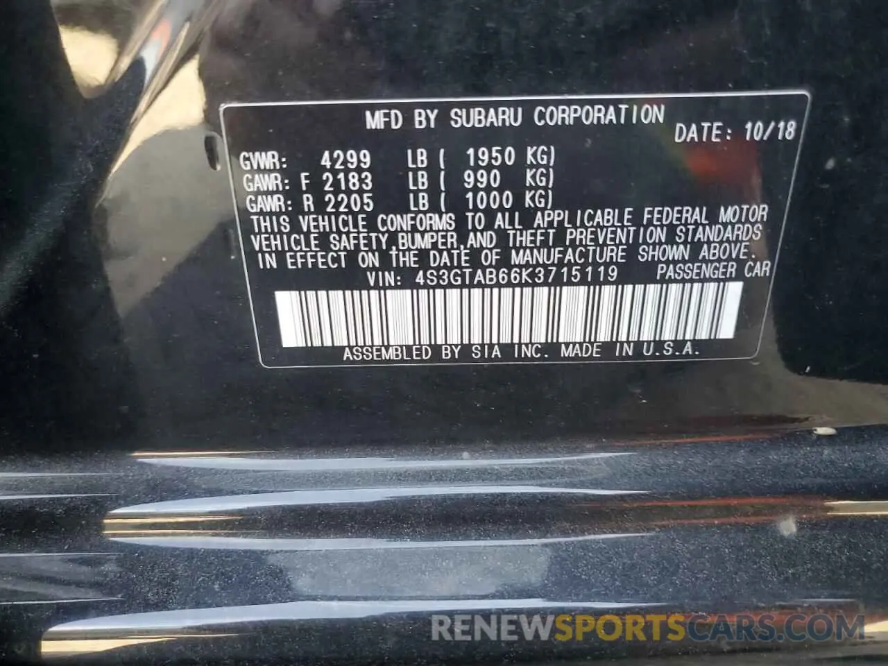 13 fotografías del automóvil dañado 4S3GTAB66K3715119 SUBARU IMPREZA 2019